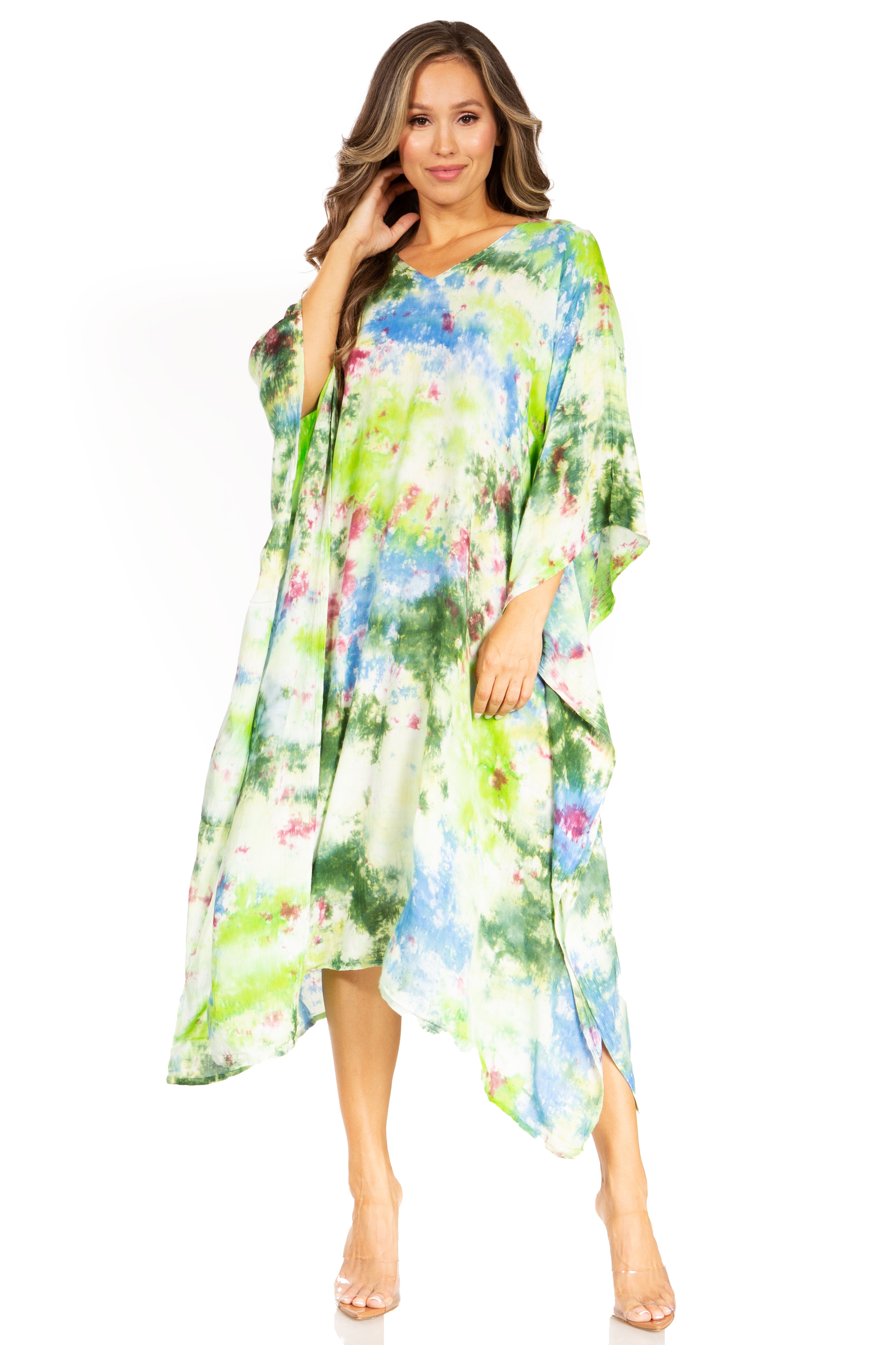 Woman wearing a colorful floral dress on a white background