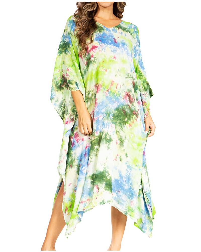 Multicolored tie-dye dress worn by a model on a white background