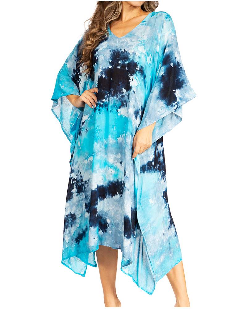 Tie-dye dress with blue and black pattern on a white background