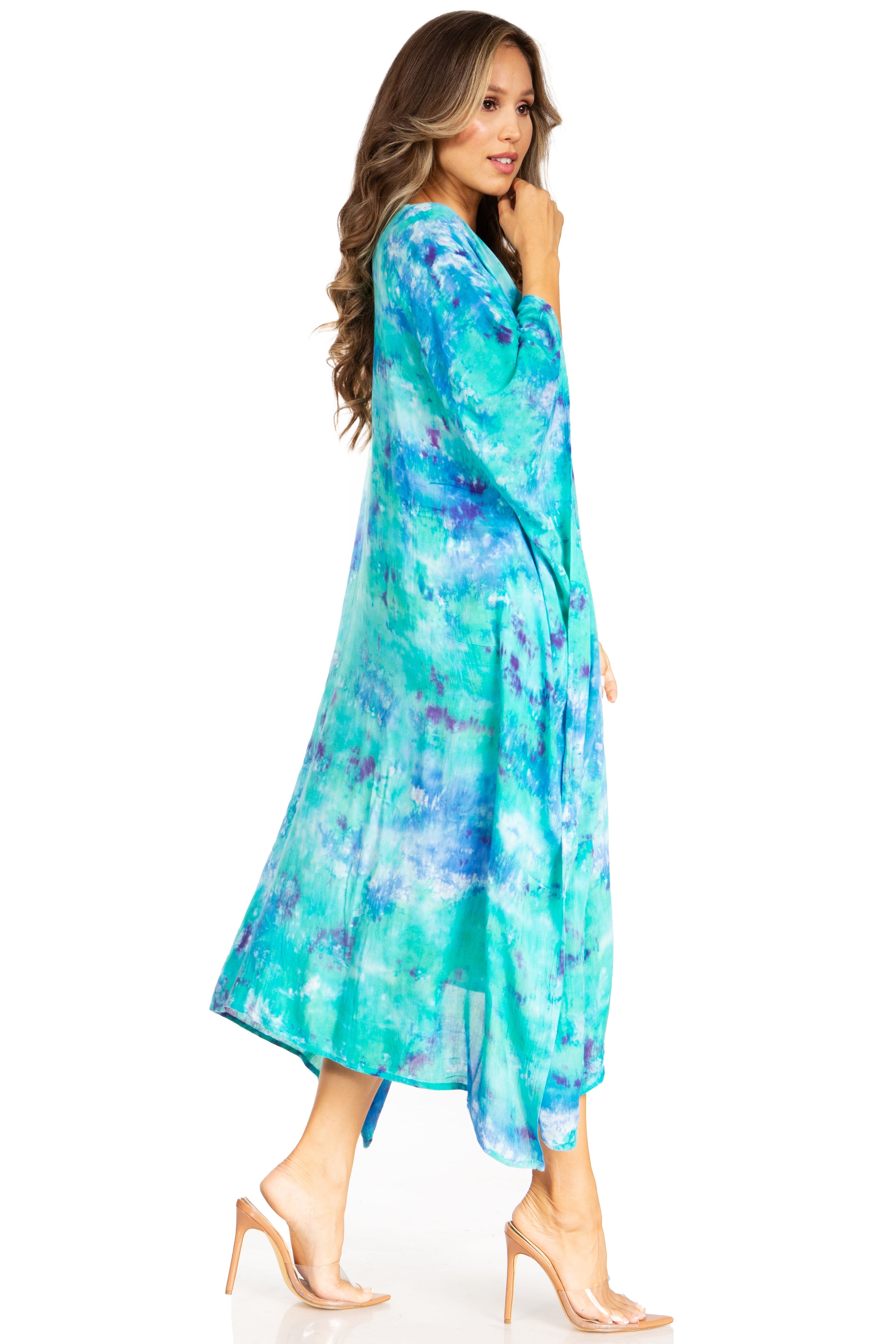 Woman wearing a colorful dress with a white background