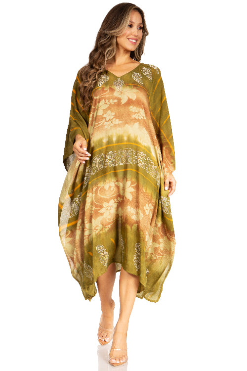 Woman wearing a patterned dress on a white background