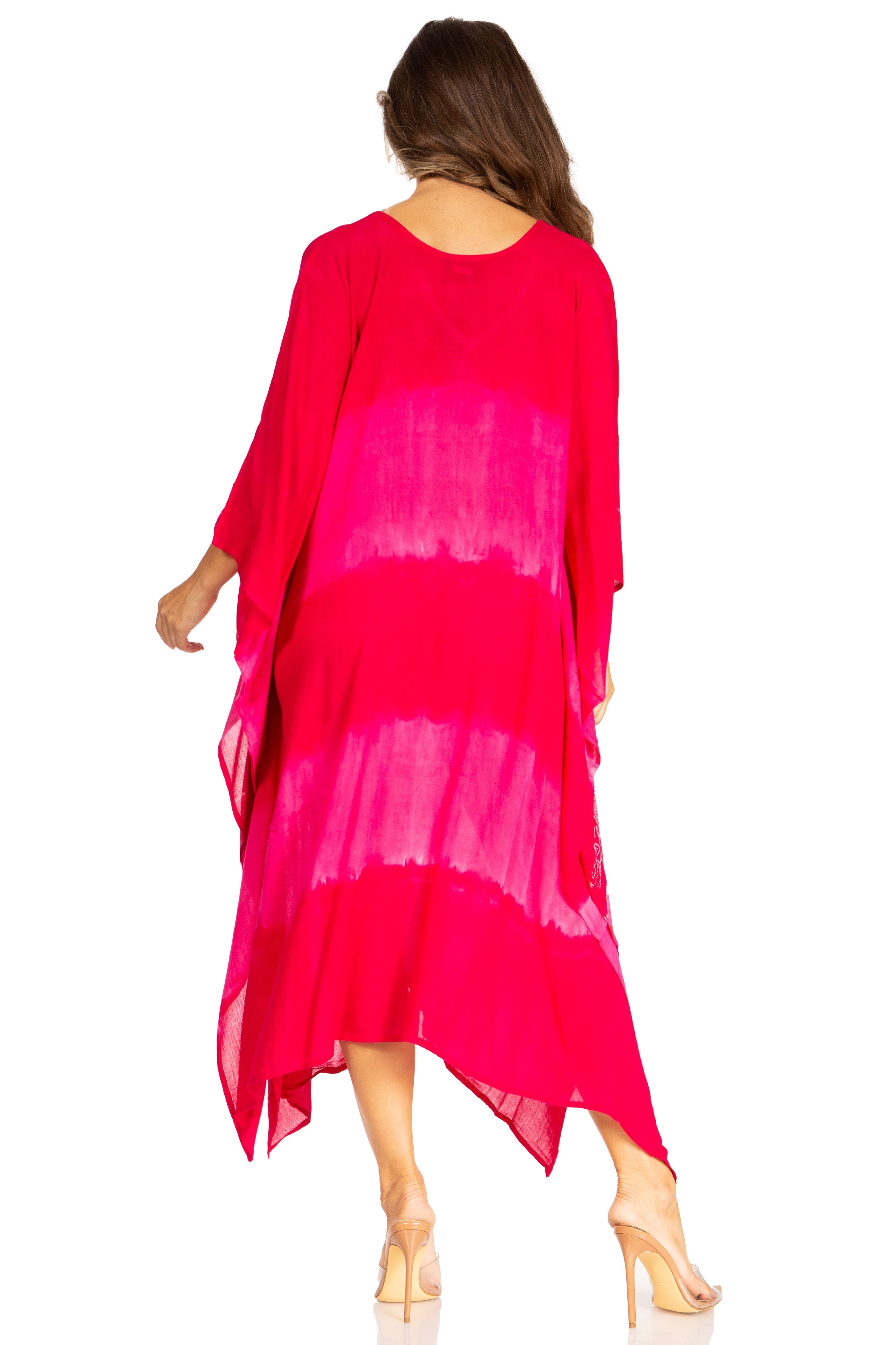 Woman wearing a bright pink dress with a gradient effect on a white background