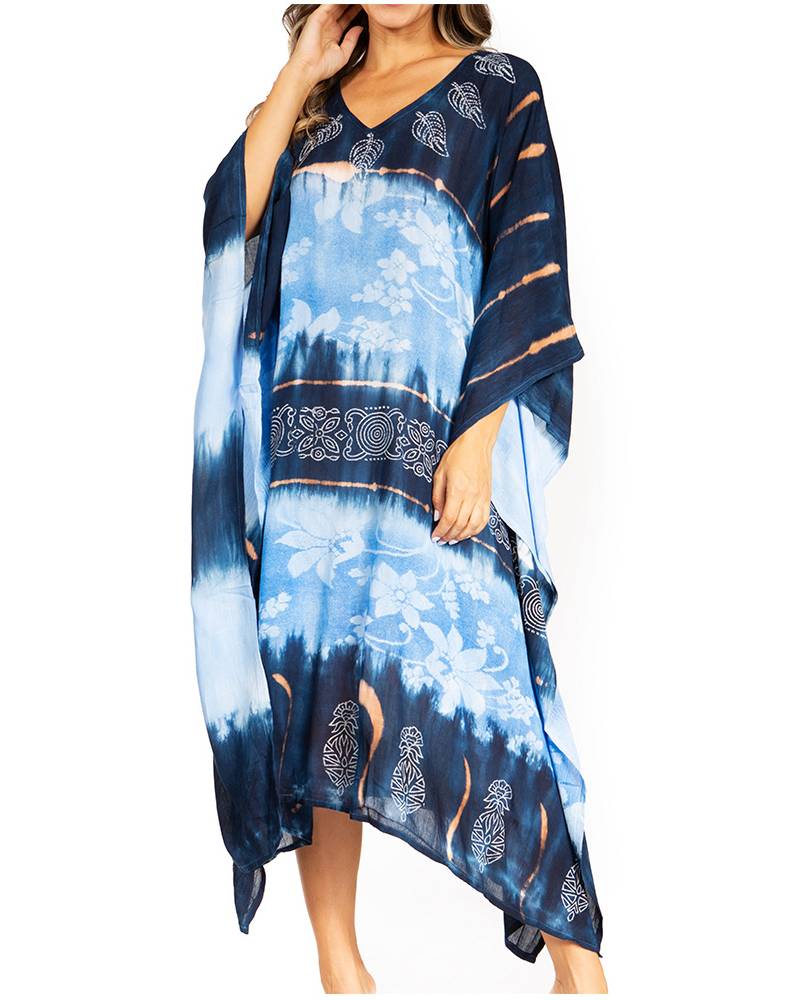Blue and white tie-dye dress with patterned trim on a white background