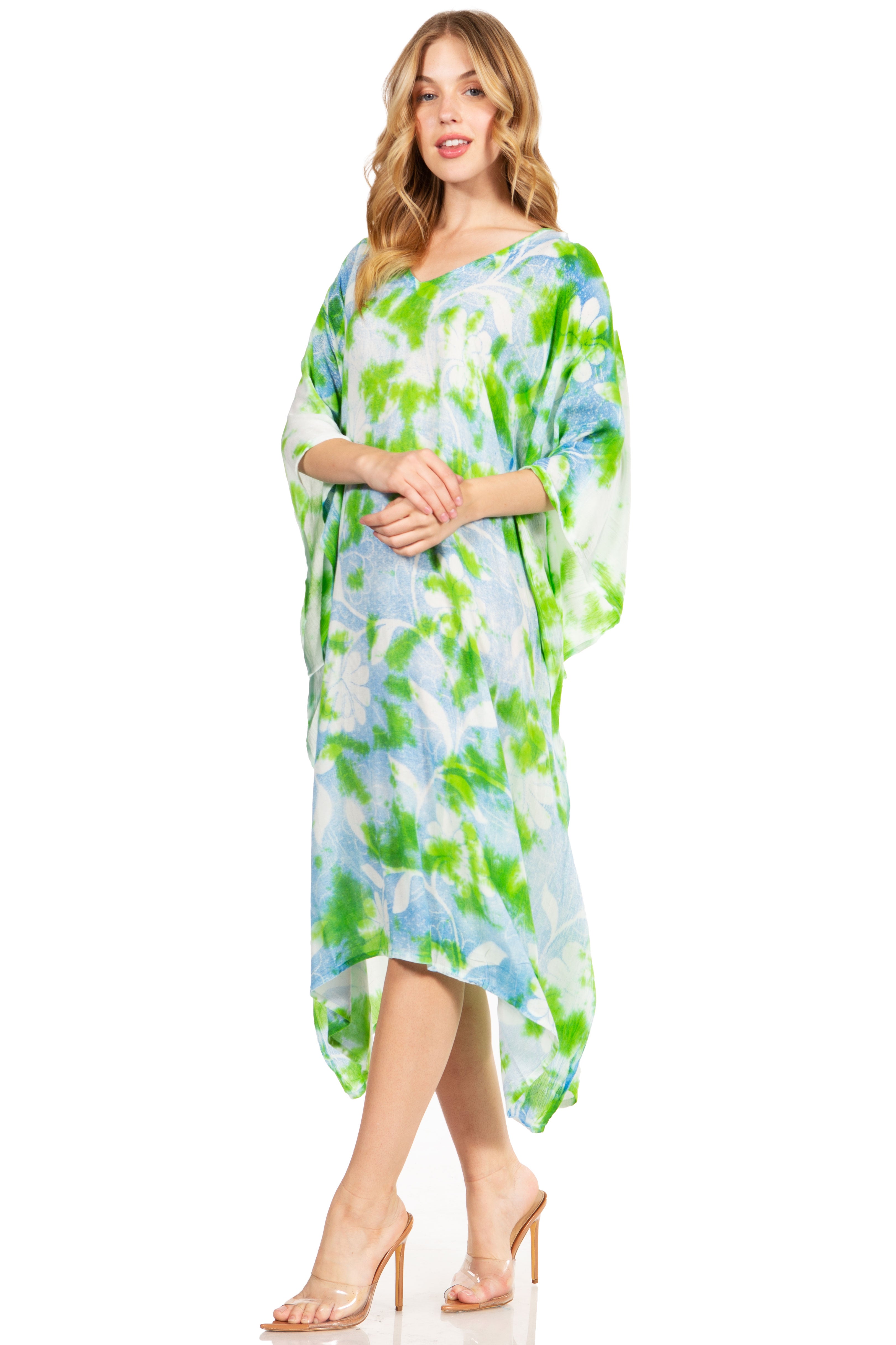 Woman wearing a colorful dress with a white background