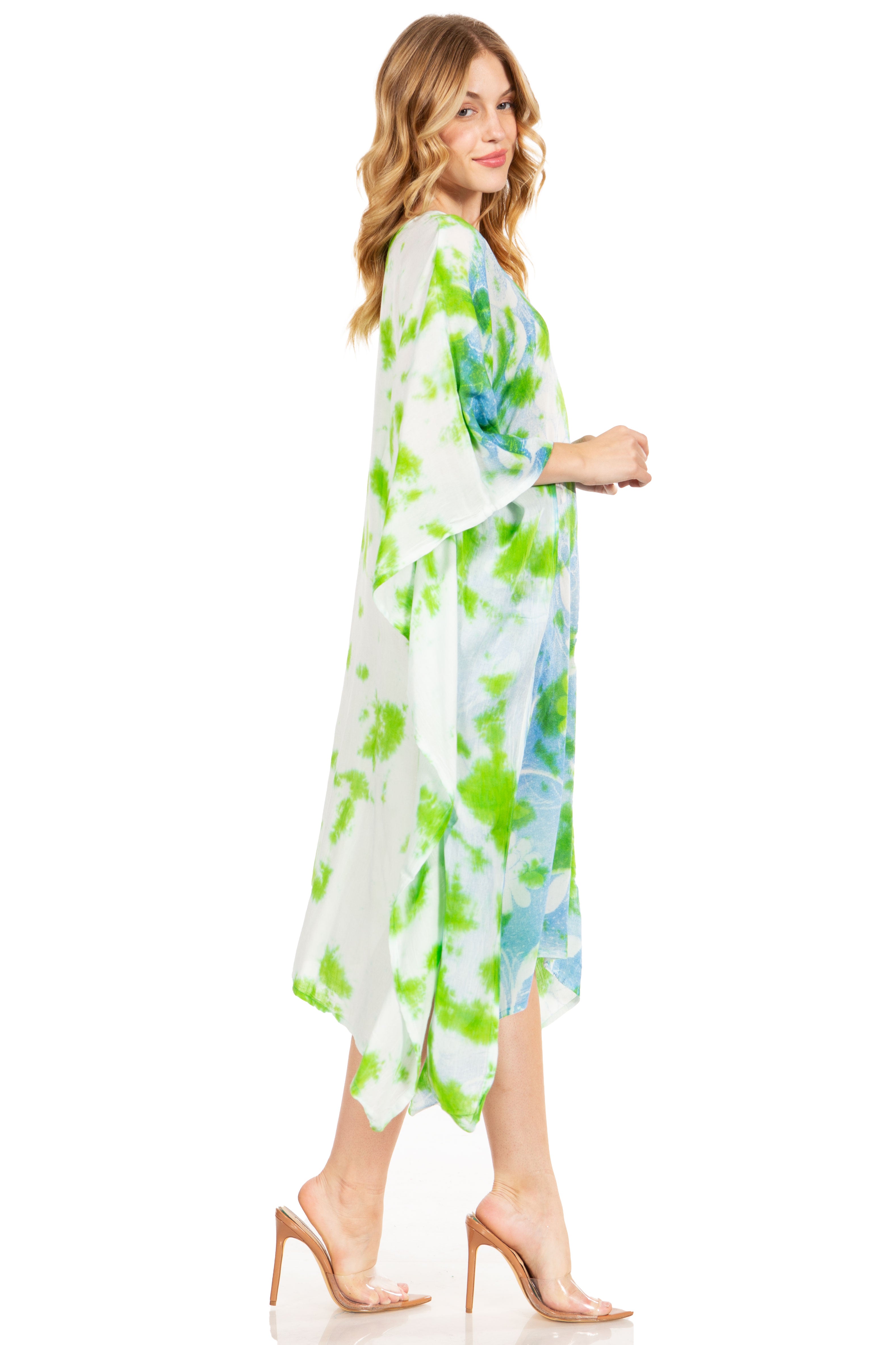 Woman wearing a floral dress on a white background