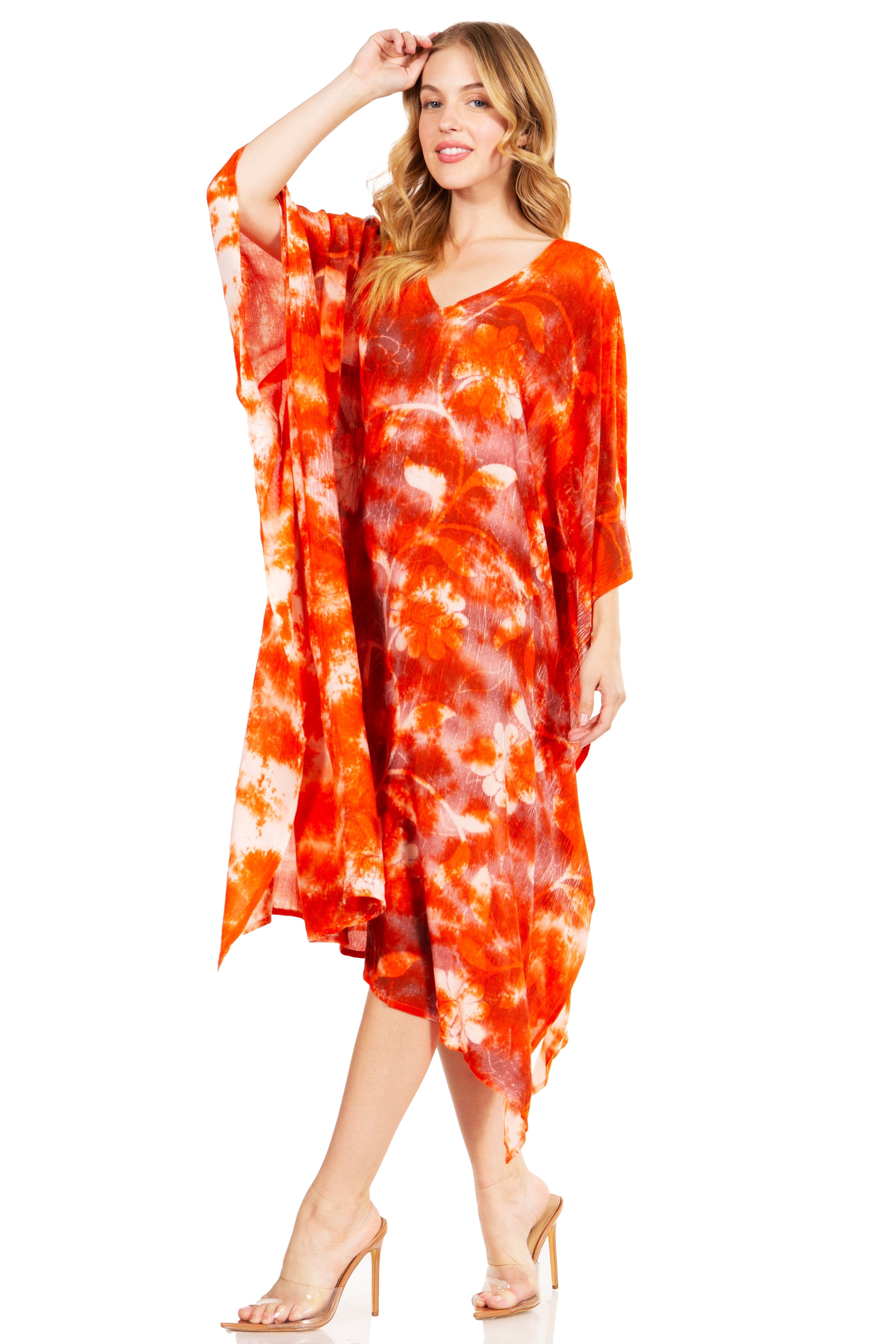 Woman wearing a red and white tie-dye dress on a white background