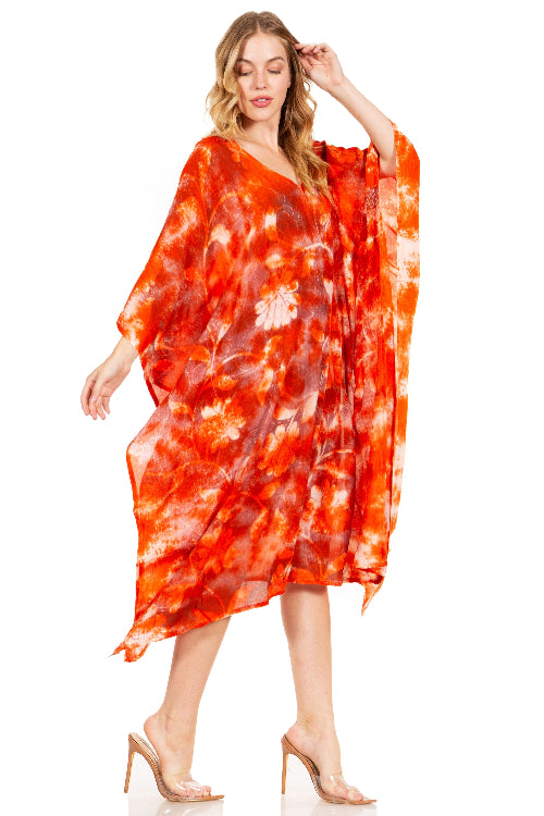 Woman wearing a red and white tie-dye dress on a white background
