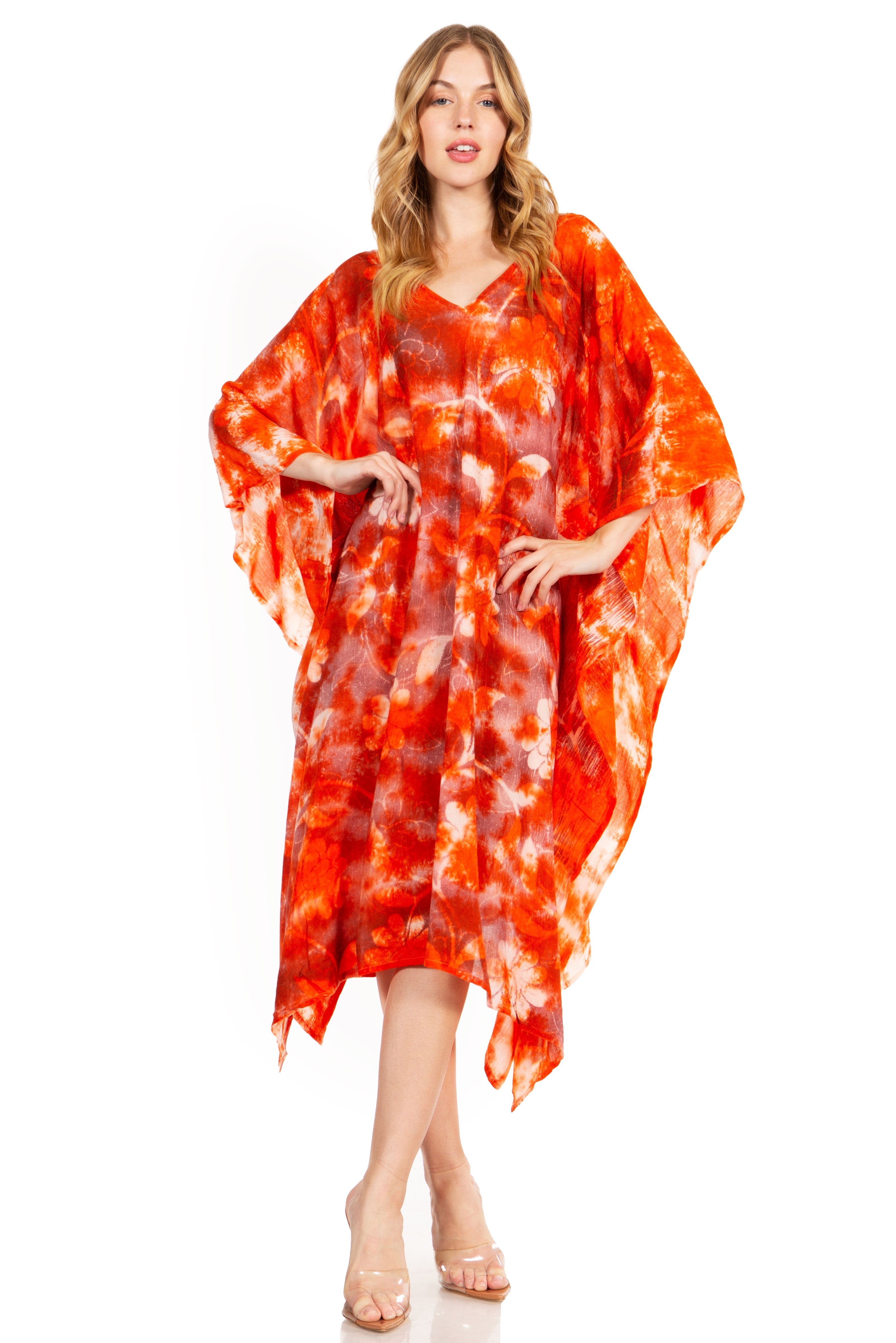 Woman wearing a red and white tie-dye dress on a white background