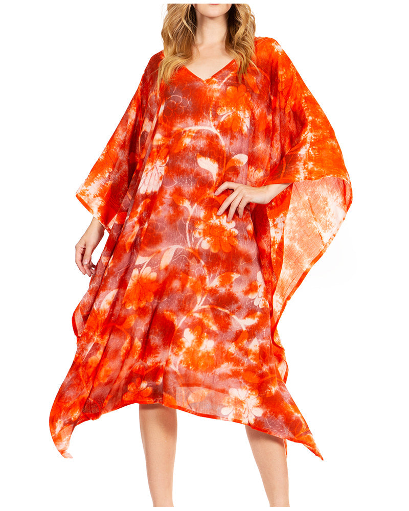 Woman wearing a red and white tie-dye dress on a white background