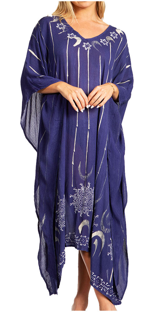 Navy blue dress with celestial designs worn by a model on a white background