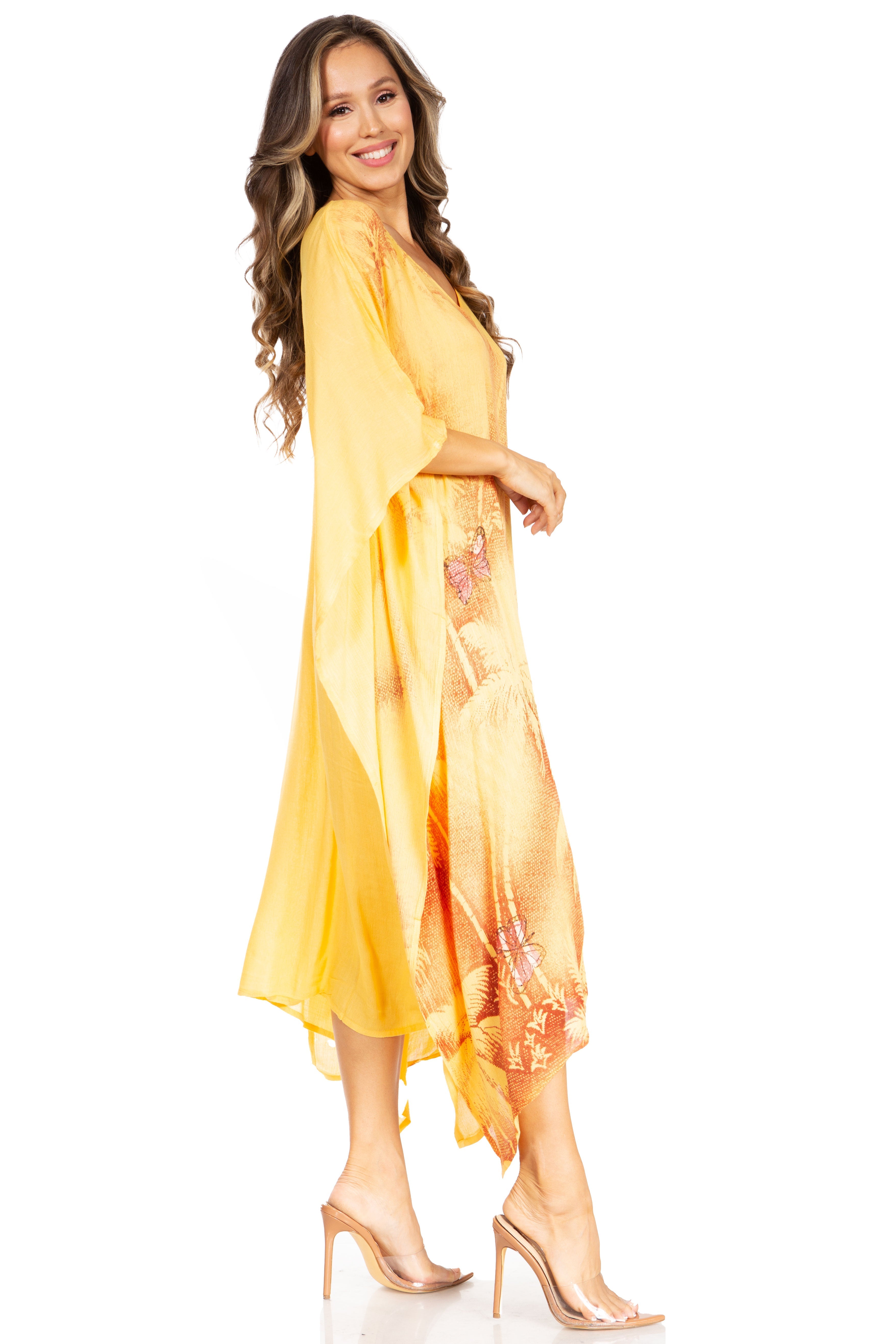 Woman wearing a yellow dress with a white background