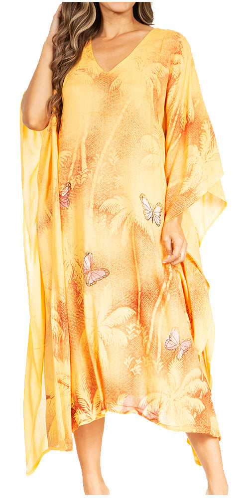Yellow dress with butterfly patterns on a white background