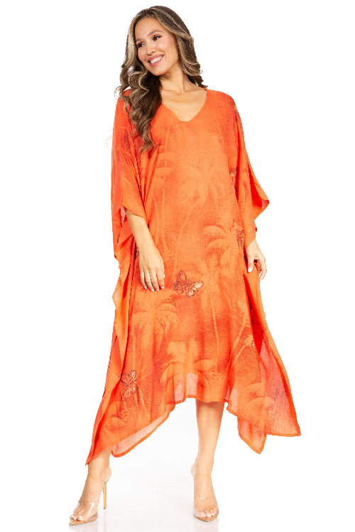 Woman wearing an orange dress with a white background