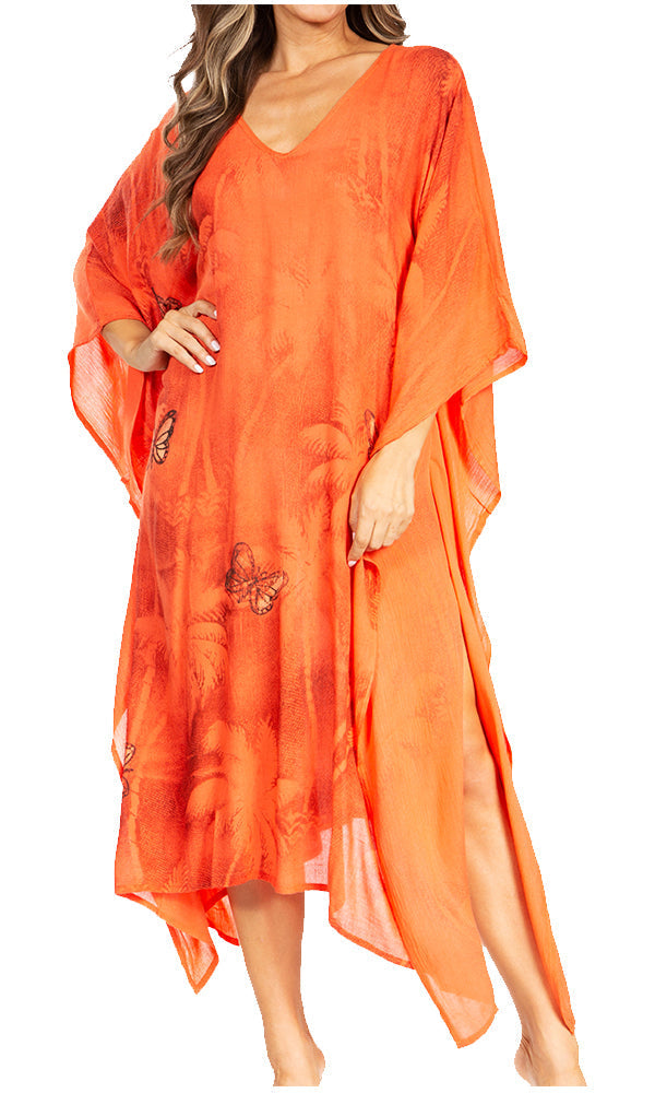 Orange kaftan dress with butterfly patterns on a white background