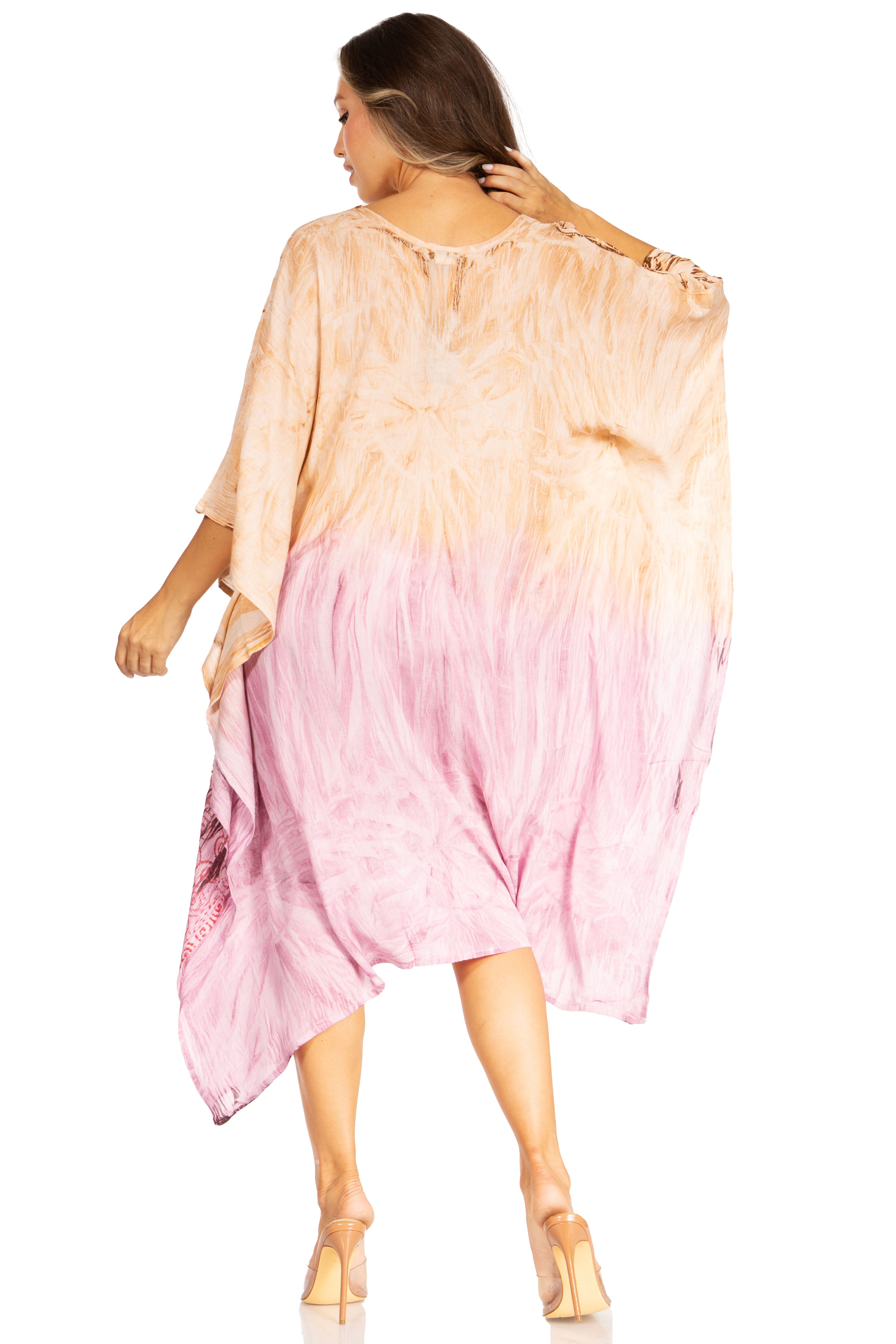 Woman wearing a pink and beige gradient dress on a white background