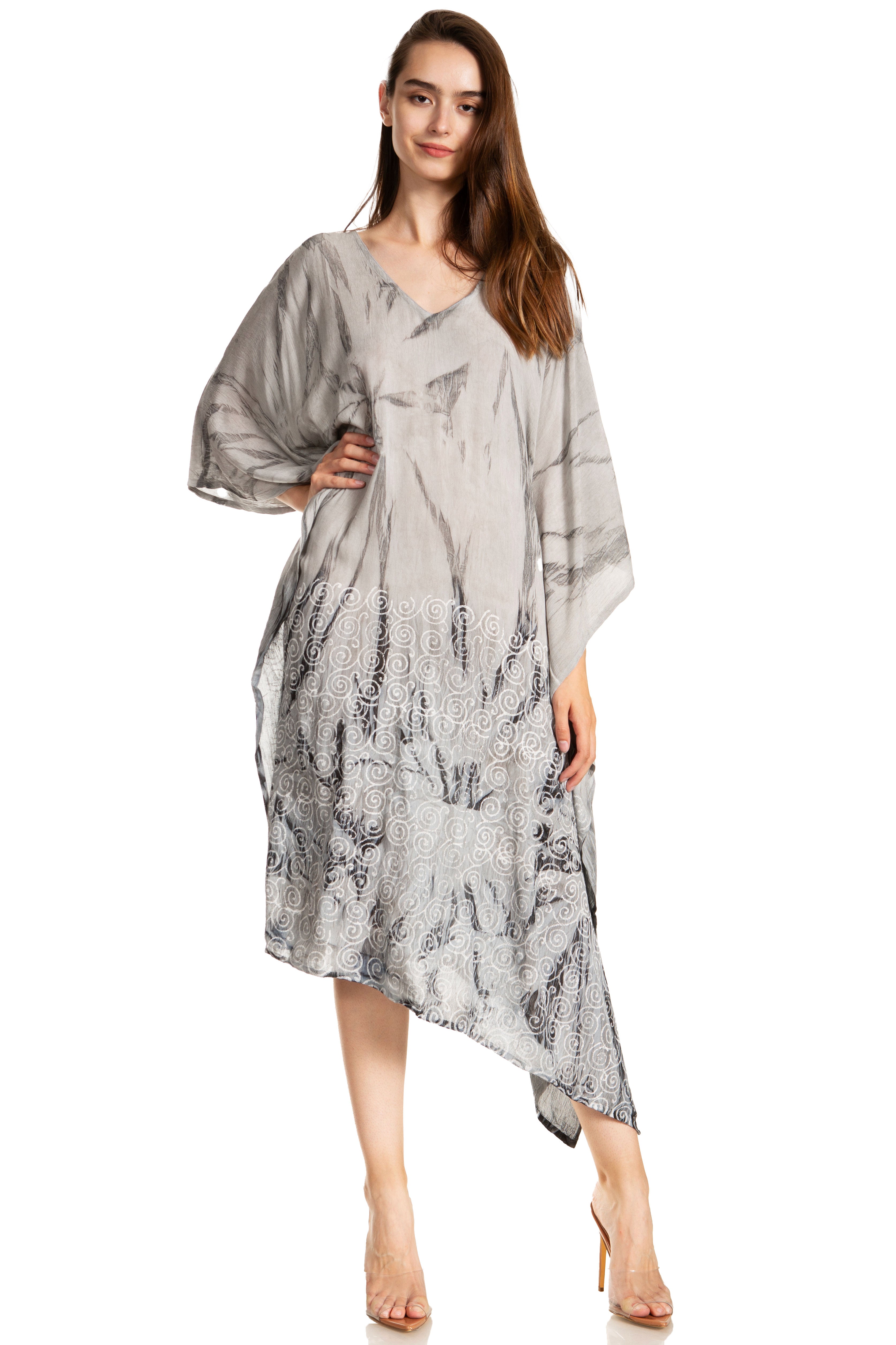 Woman wearing a gray floral dress on a white background