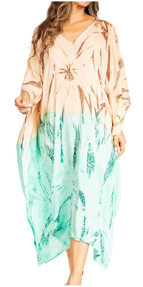 Woman wearing a tie-dye dress with a gradient from peach to green on a white background
