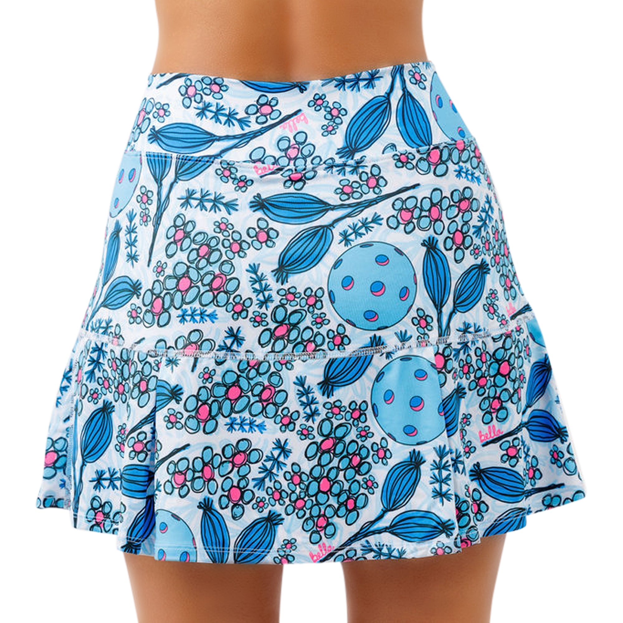 Floral patterned skirt with blue and pink flowers on a white background