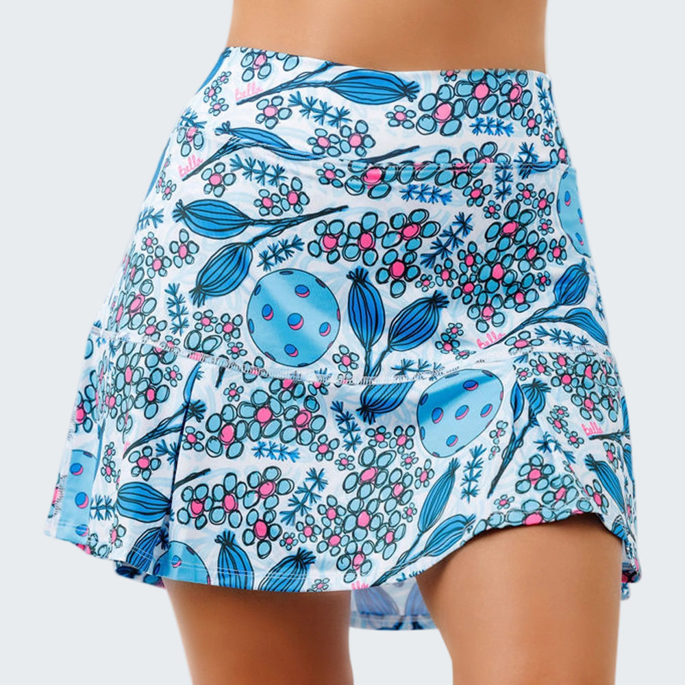 Floral patterned skirt with blue and pink flowers on a white background