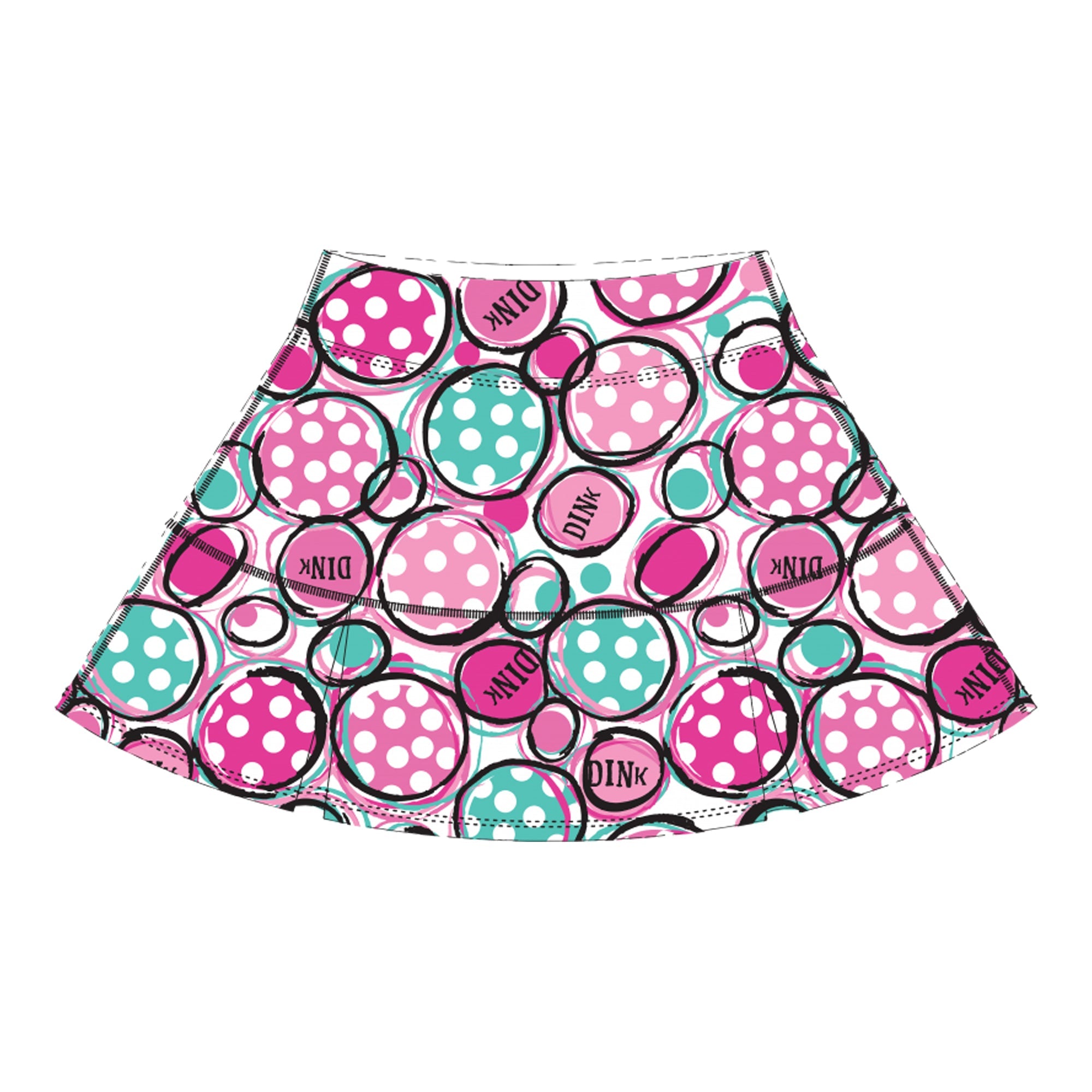 Skirt with pink and teal polka dot pattern on a white background