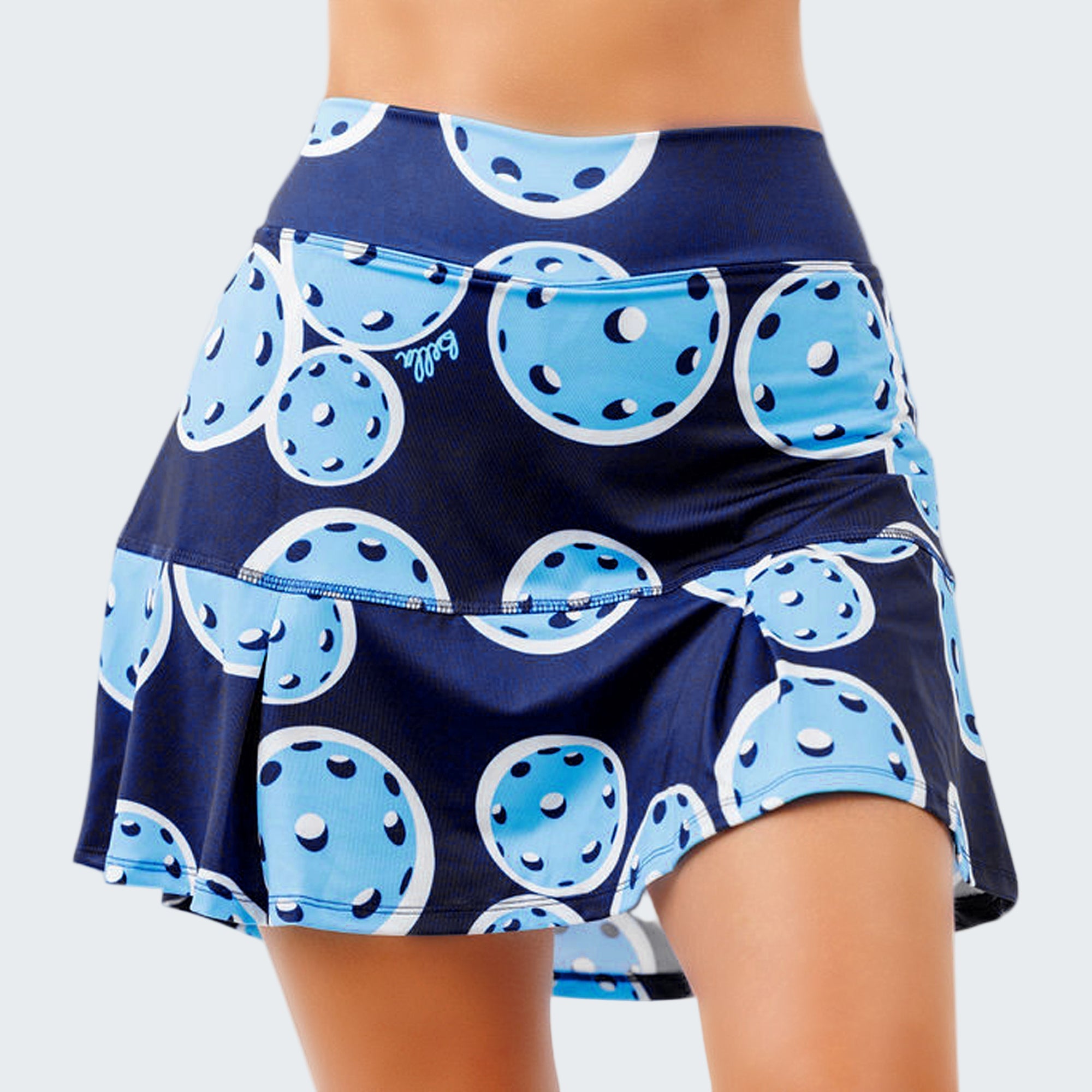 Navy blue skirt with blue circular pattern on a white background