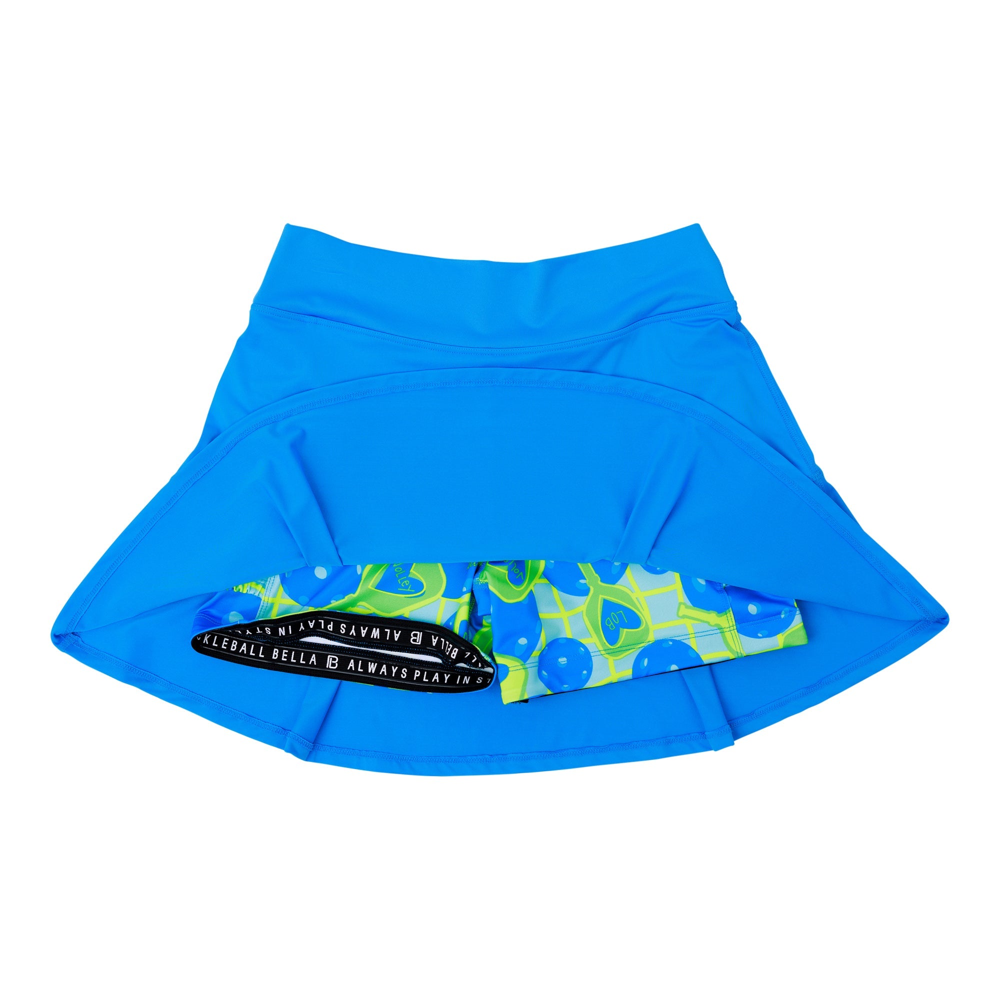 Blue skirt with a patterned waistband on a white background