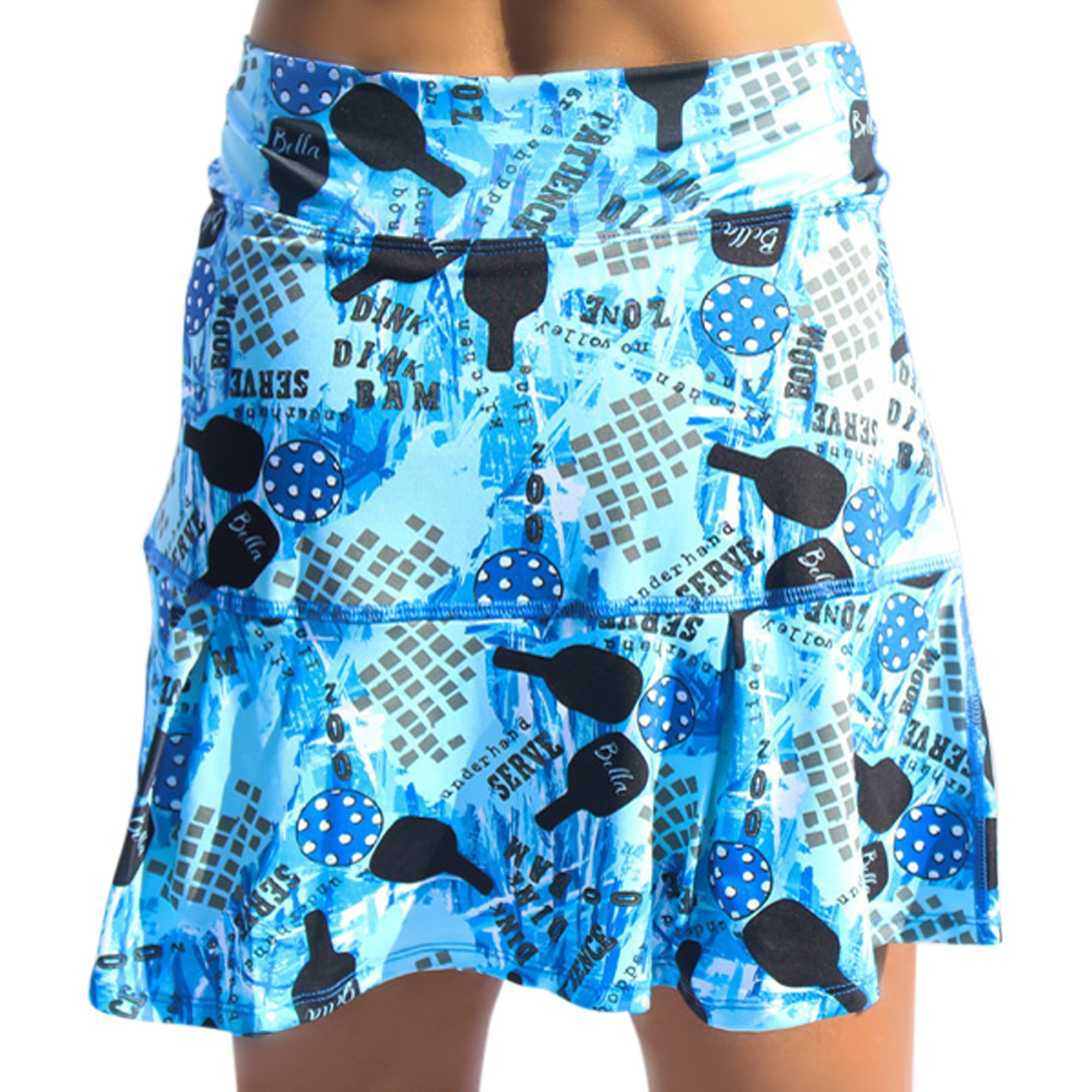 Blue skirt with black paddle pattern on a white background