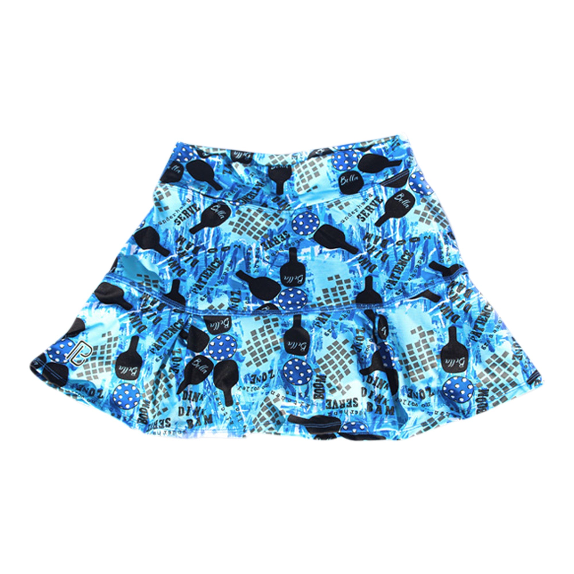 Blue patterned skirt with black and white designs on a white background