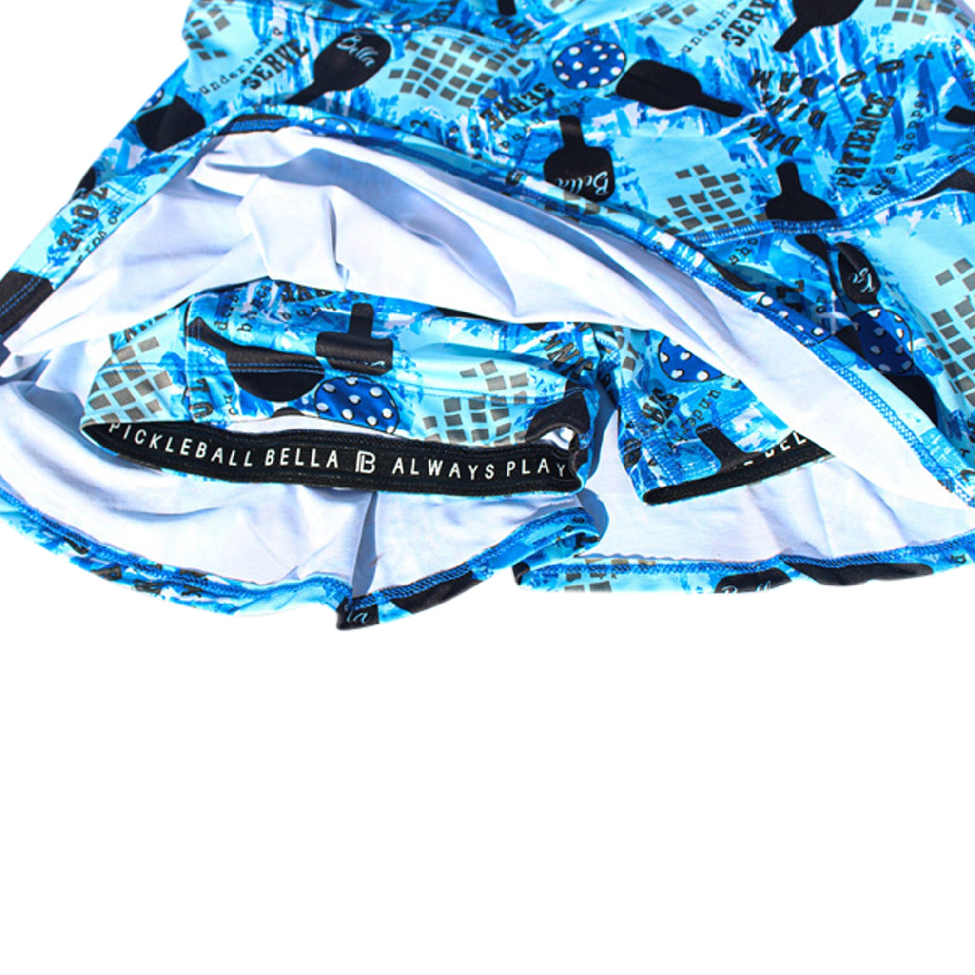 Blue and white sports bag with paddle design and visible branding on a white background