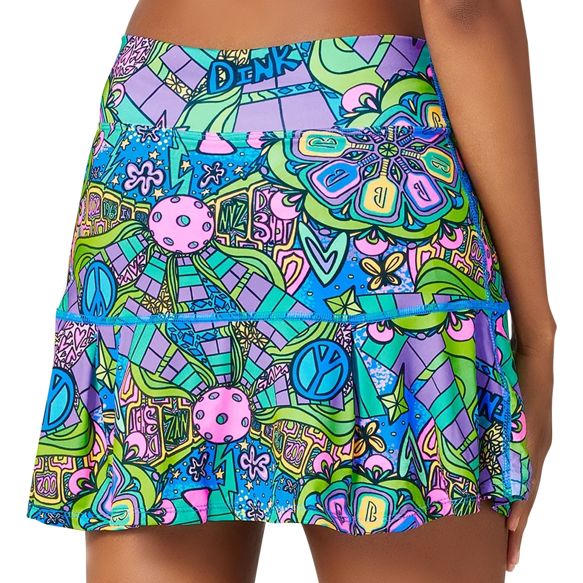Colorful patterned skirt with brand name on a white background