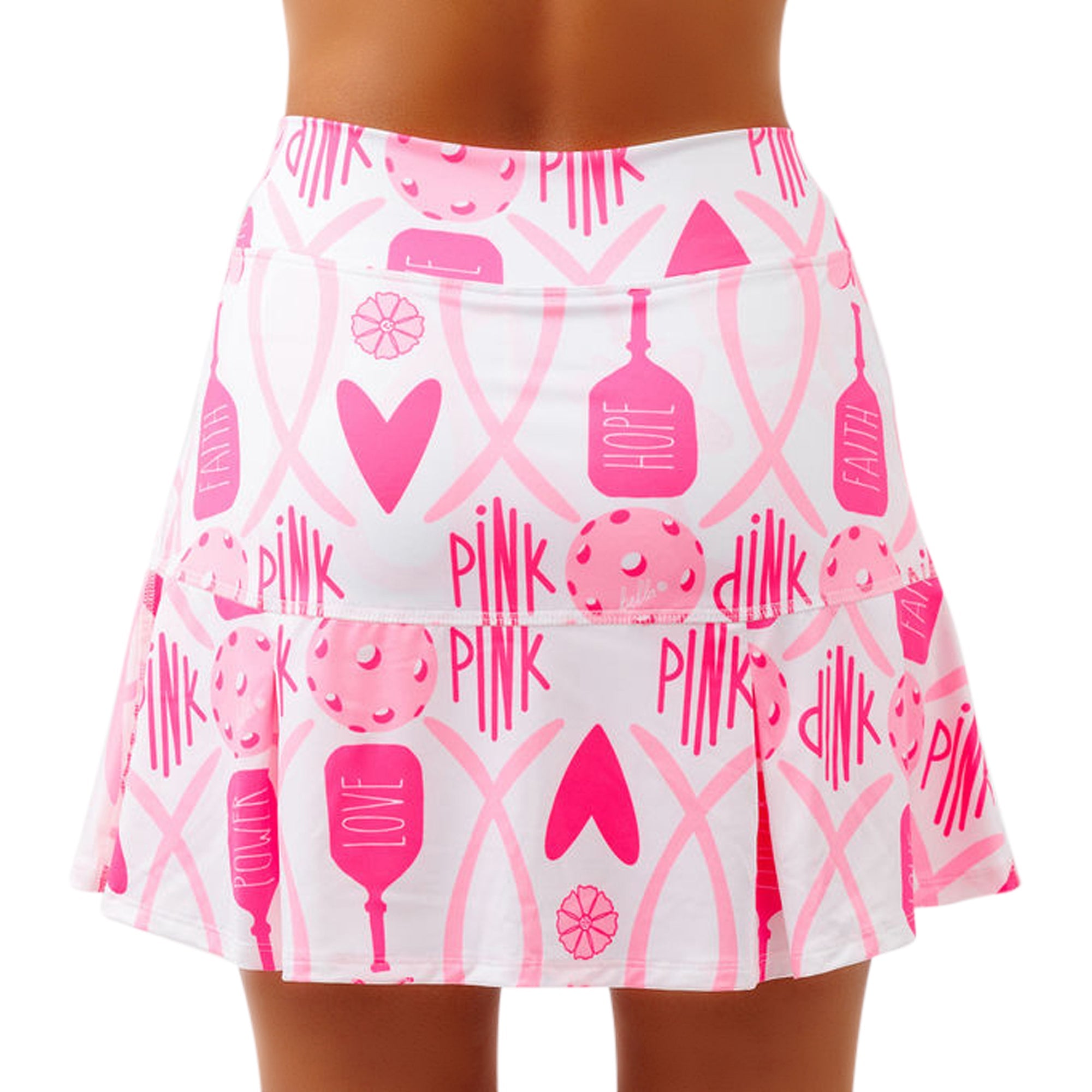 White skirt with pink graphic designs and text on a white background