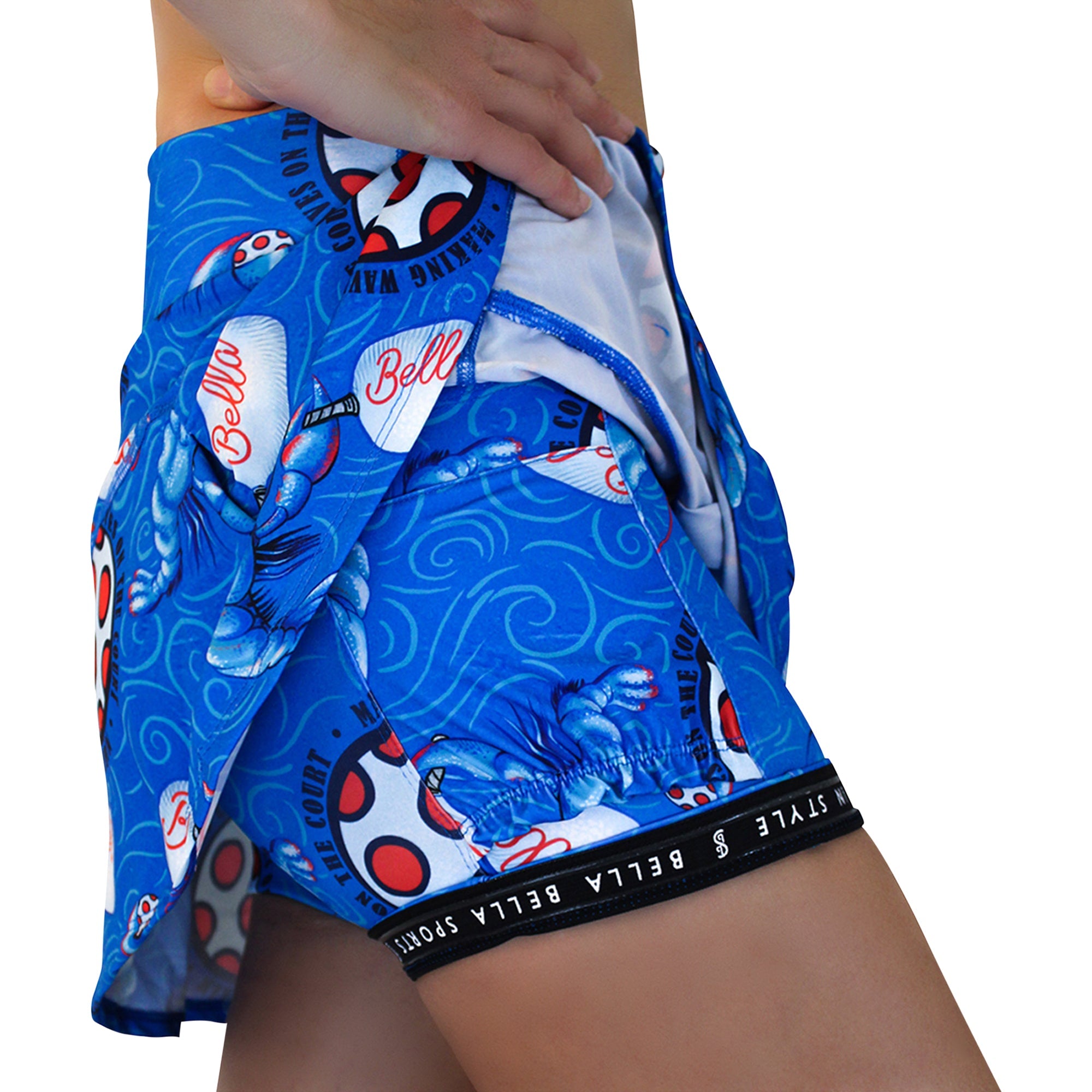 Blue patterned shorts with visible branding on a white background