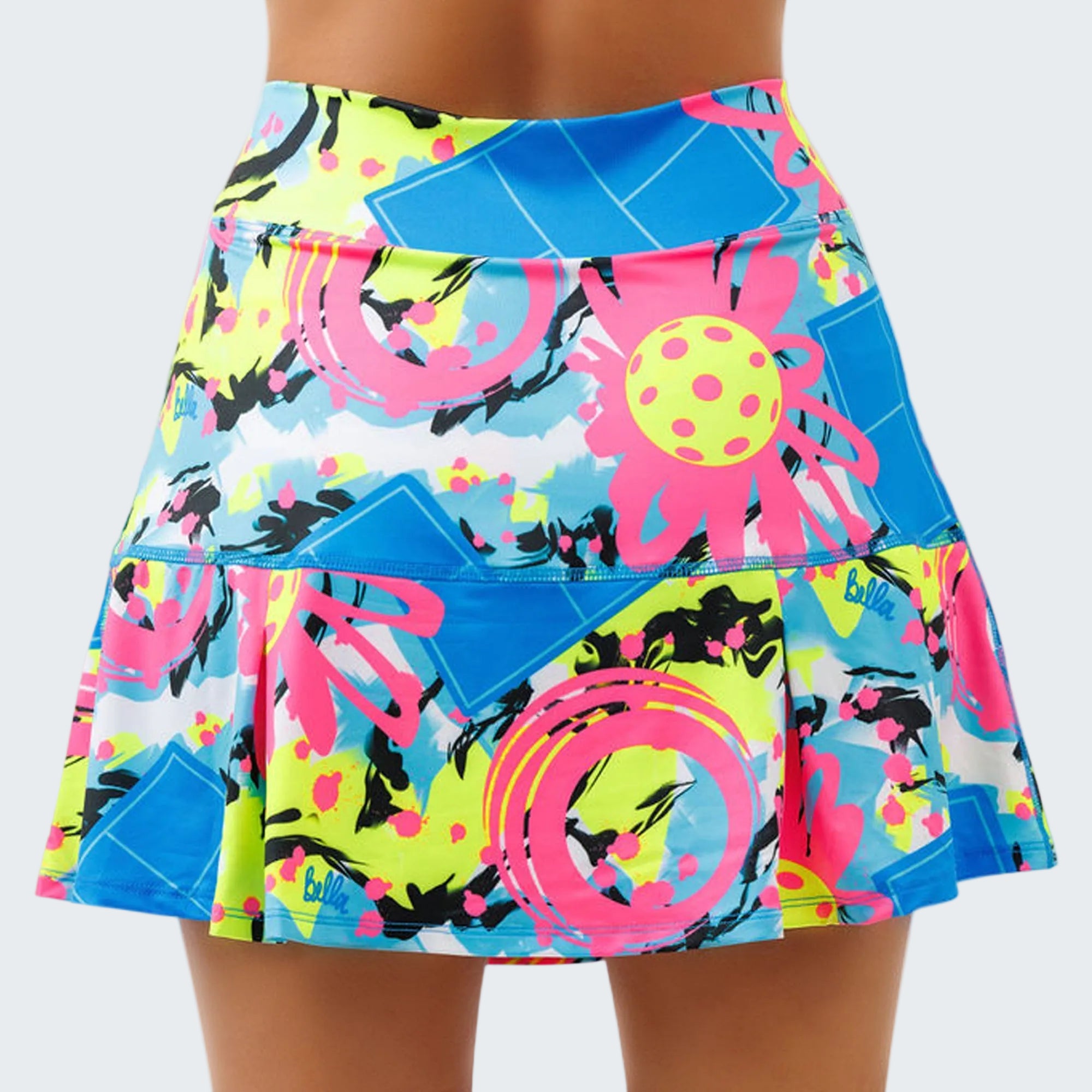Colorful patterned skirt with abstract design on a white background