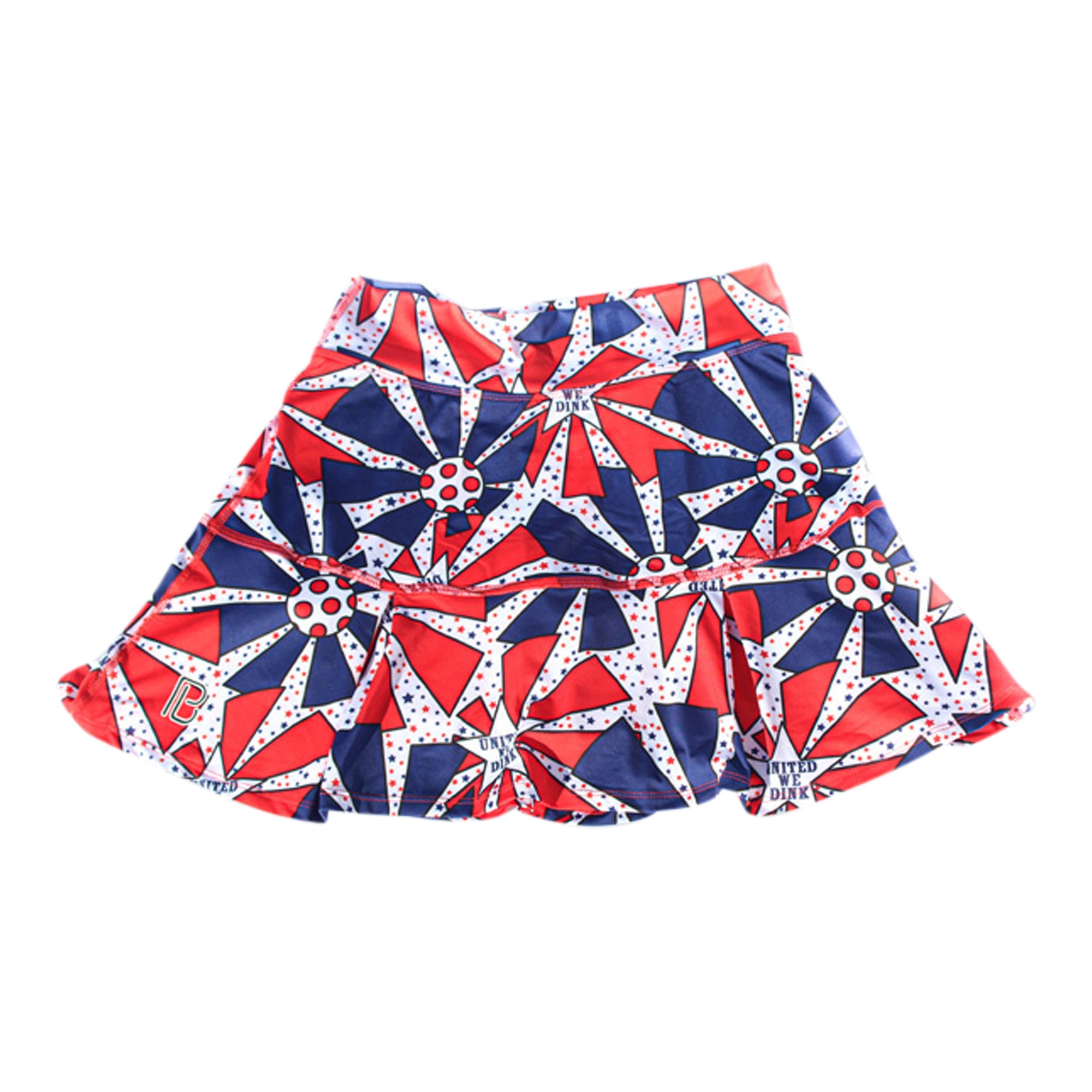 Skirt with red and blue geometric pattern on a white background