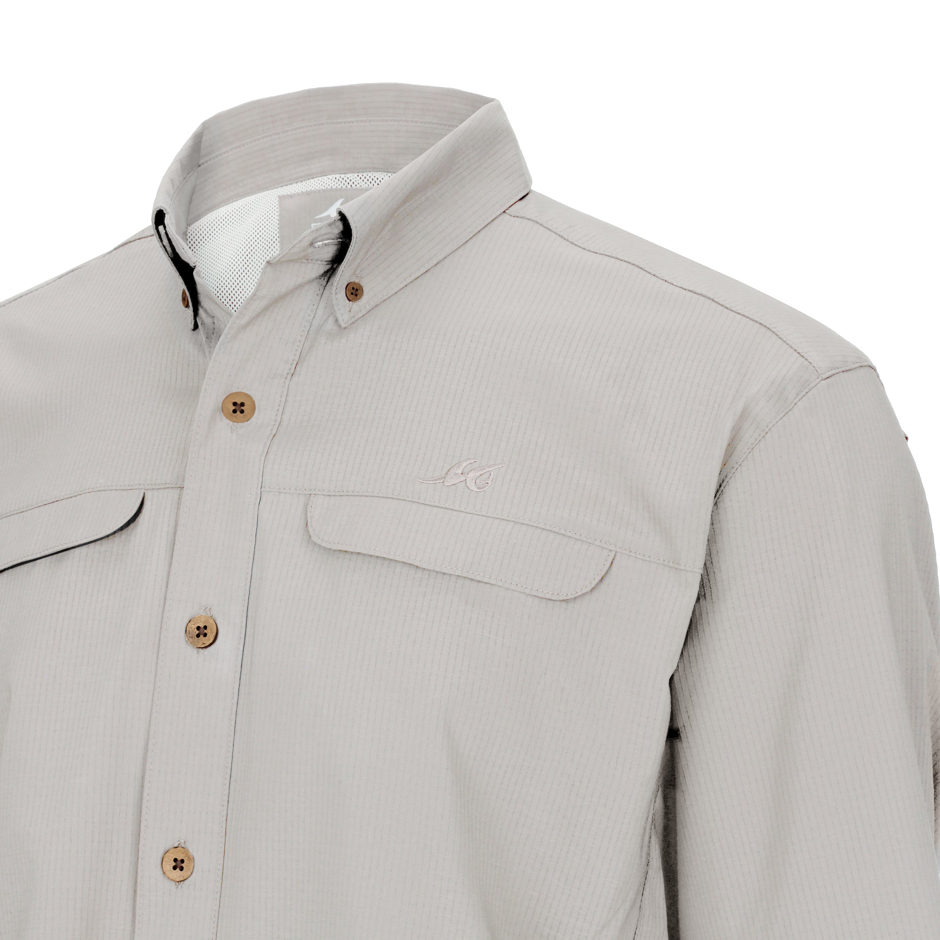 Light gray button-up shirt with a collar on a white background