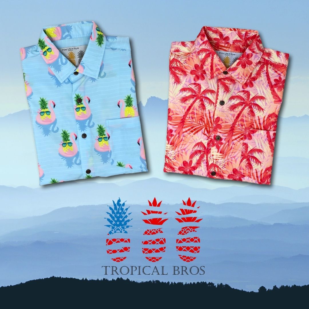 Two folded shirts with tropical patterns on a blue background with 'Tropical Bros' logo.
