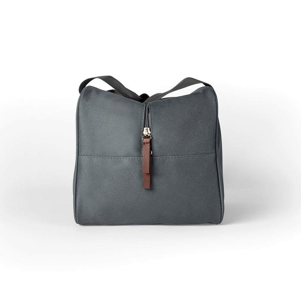 Gray shoulder bag with a brown strap on a white background