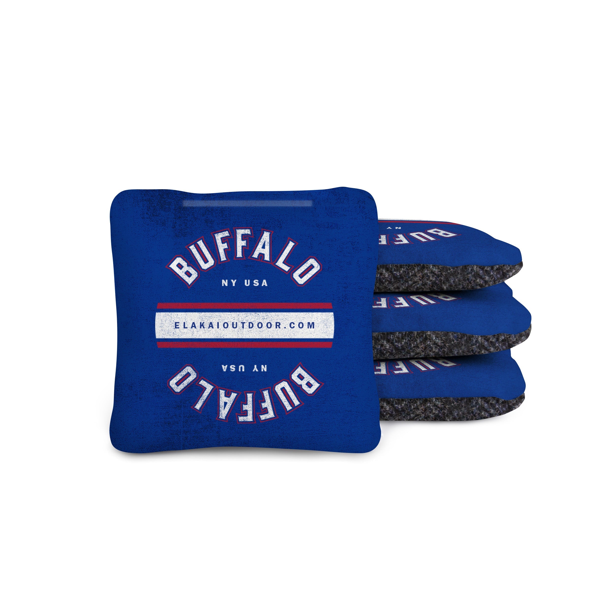Blue cornhole bags with 'Buffalo NY USA' text on a white background