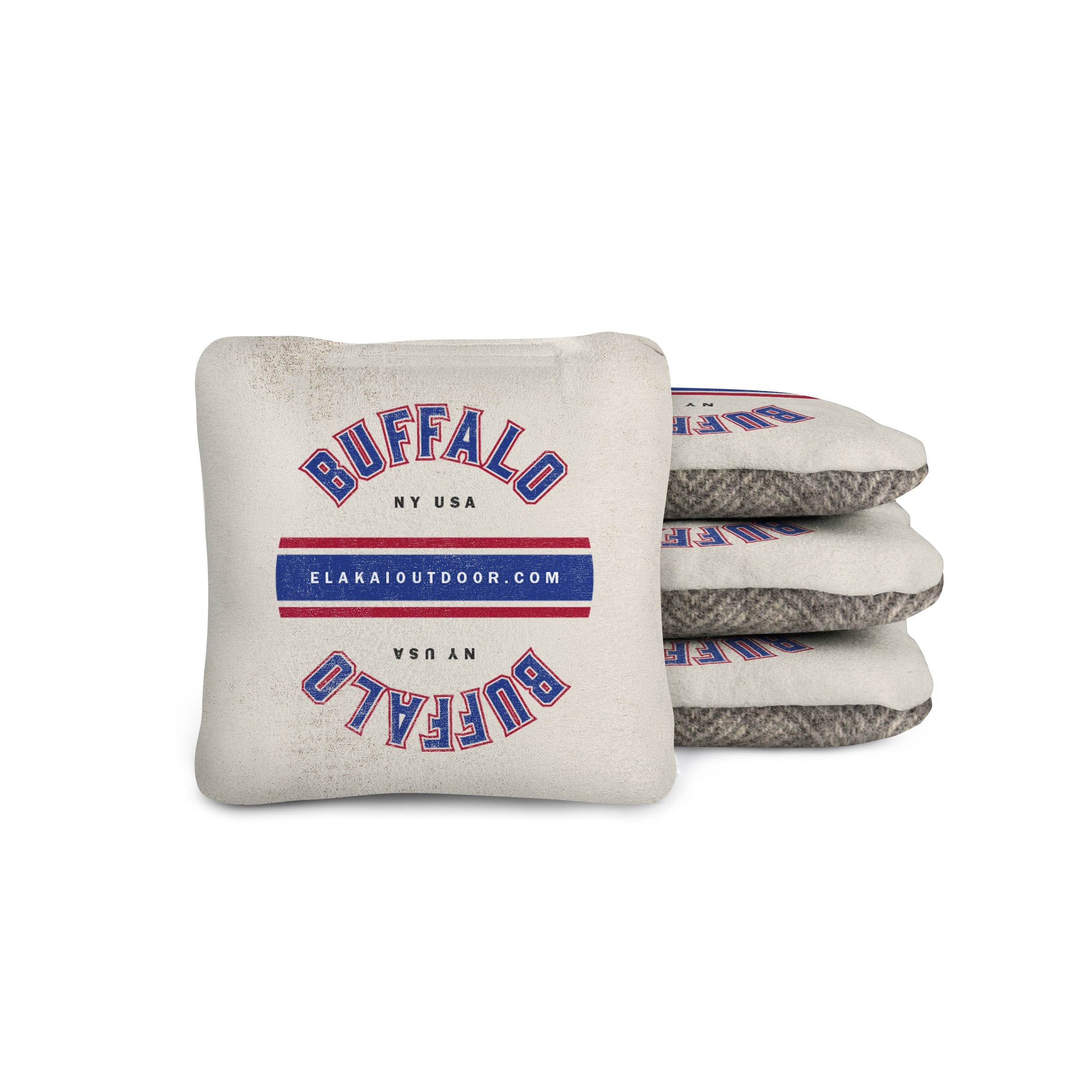 Stack of bean bags with 'Buffalo NY USA' text and Elakai Outdoor branding on a white background