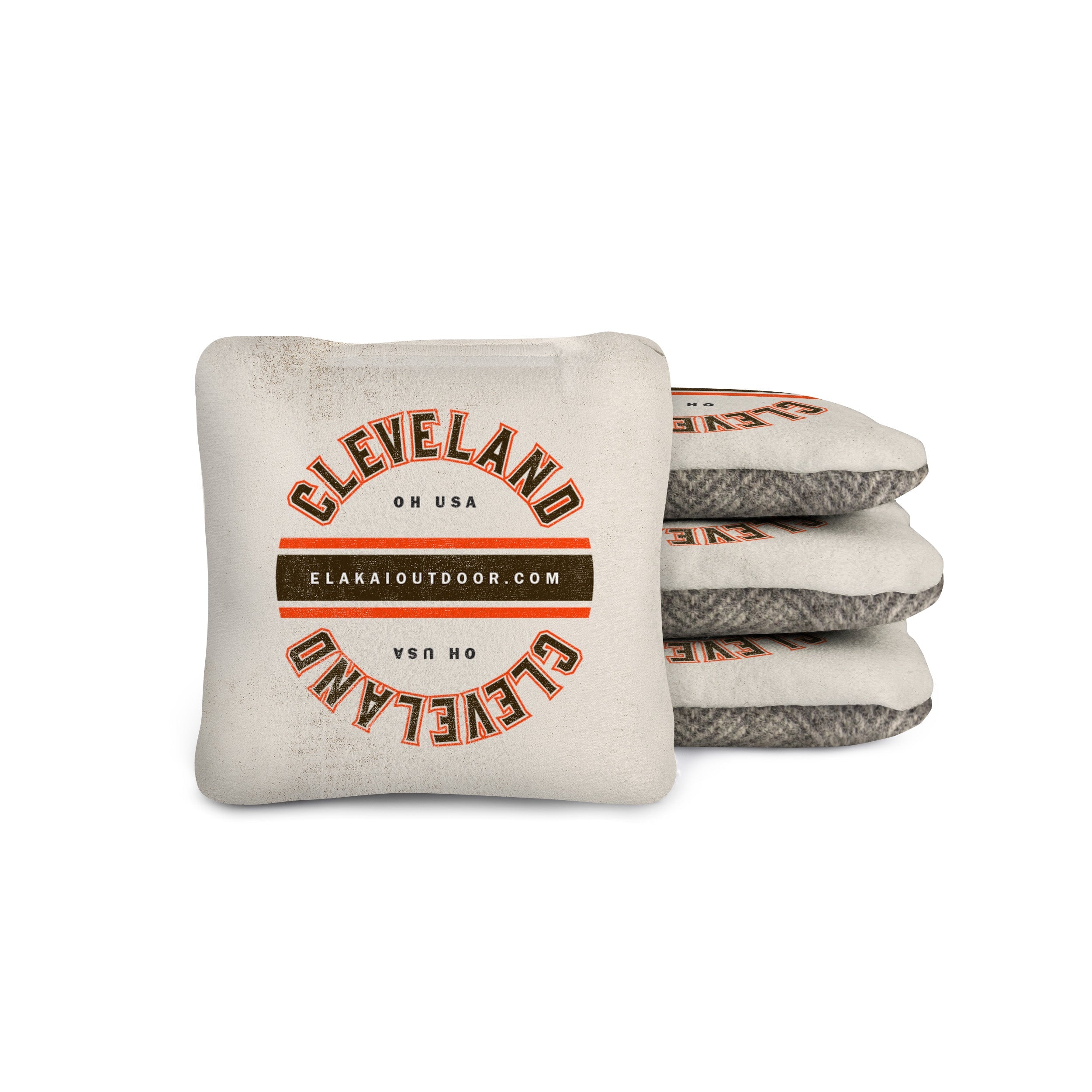 Set of cornhole bags with 'Cleveland' and 'Elakai Outdoor' branding on a white background