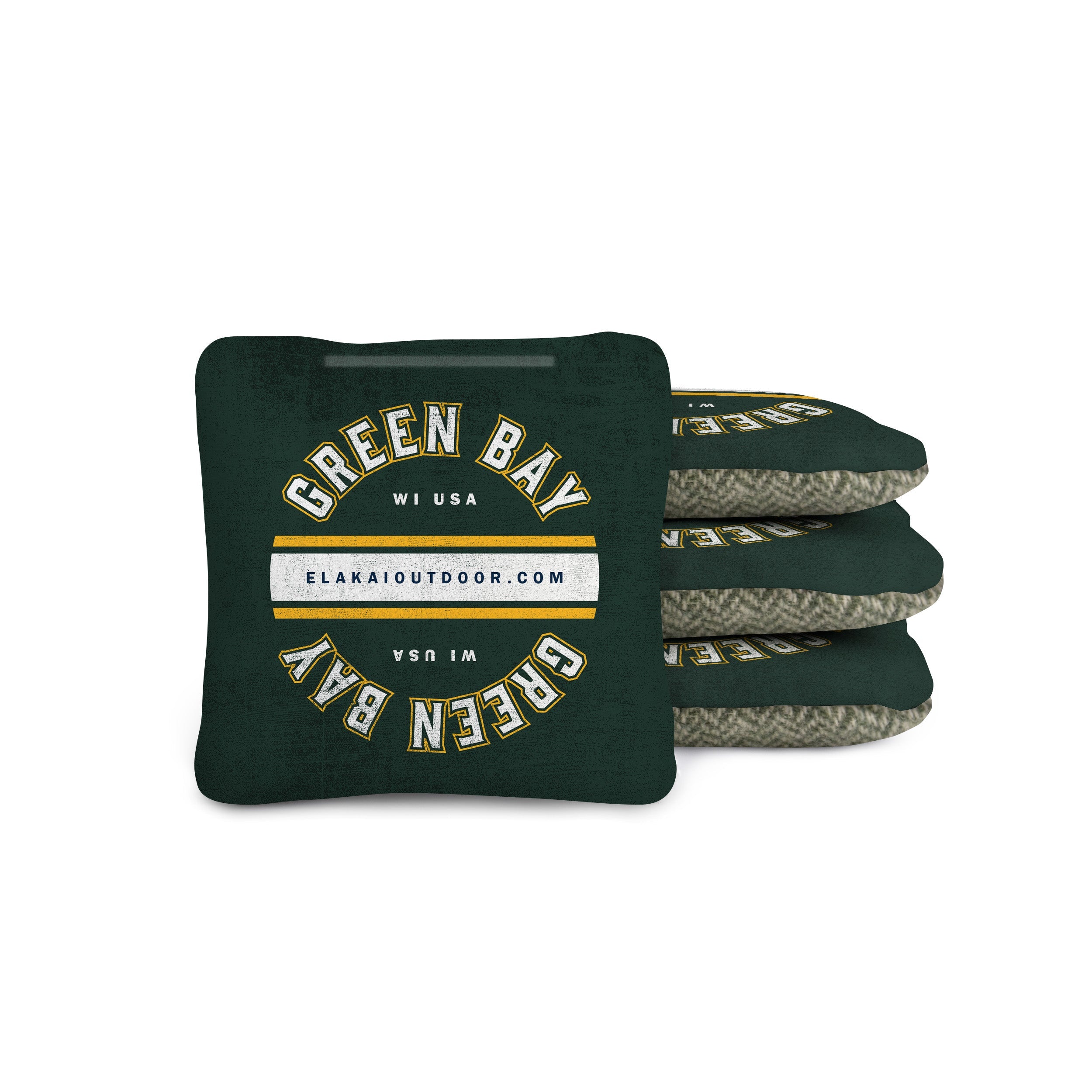 Green bean bag with 'Green Bay, WI, USA' text on a white background