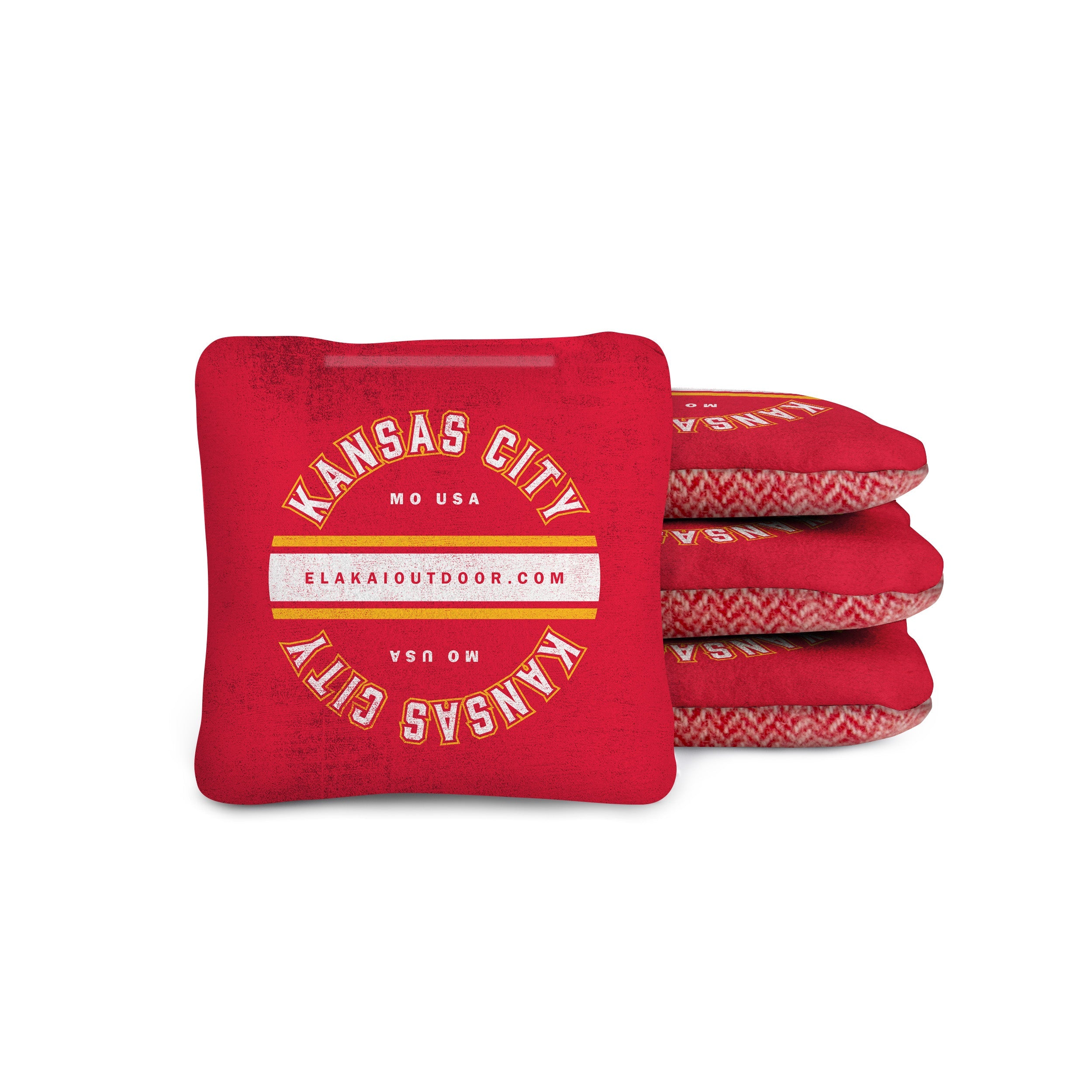Red bean bags with 'Kansas City, MO USA' text on a white background