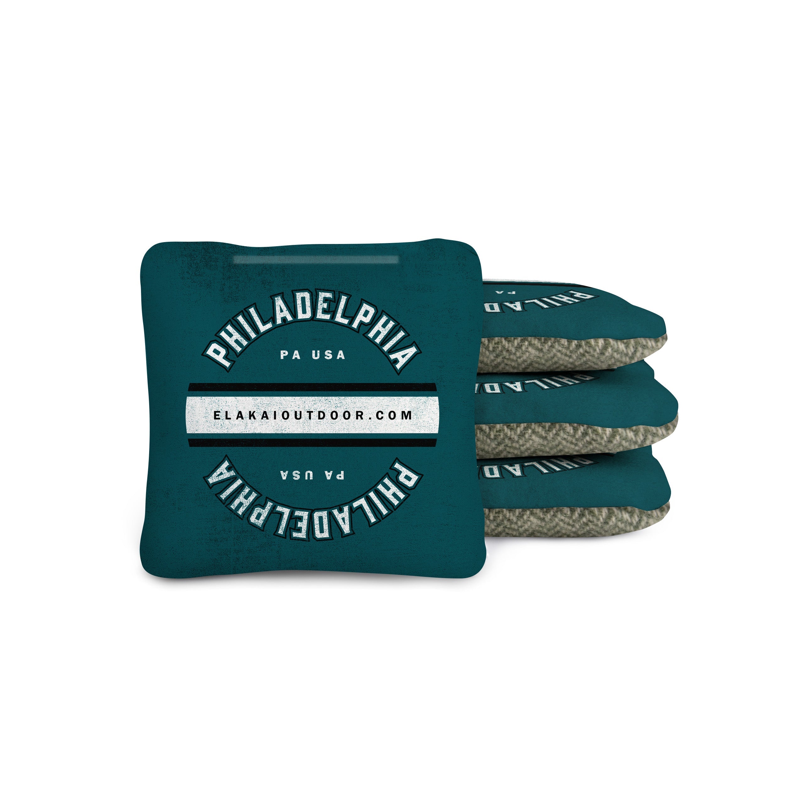 Teal bean bags with 'Philadelphia PA USA' text on a white background