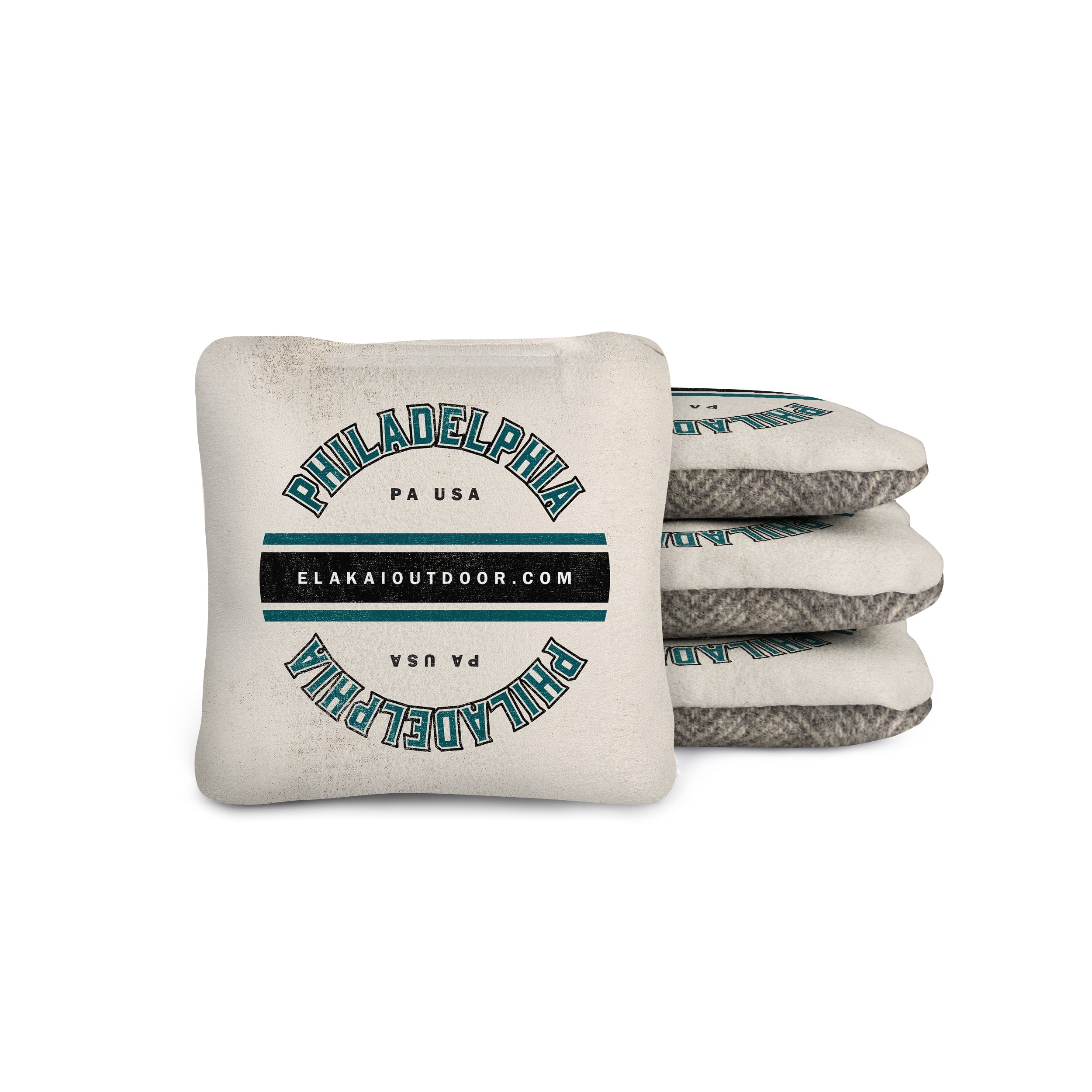 Set of cornhole bags with 'Philadelphia, PA USA' text on a white background