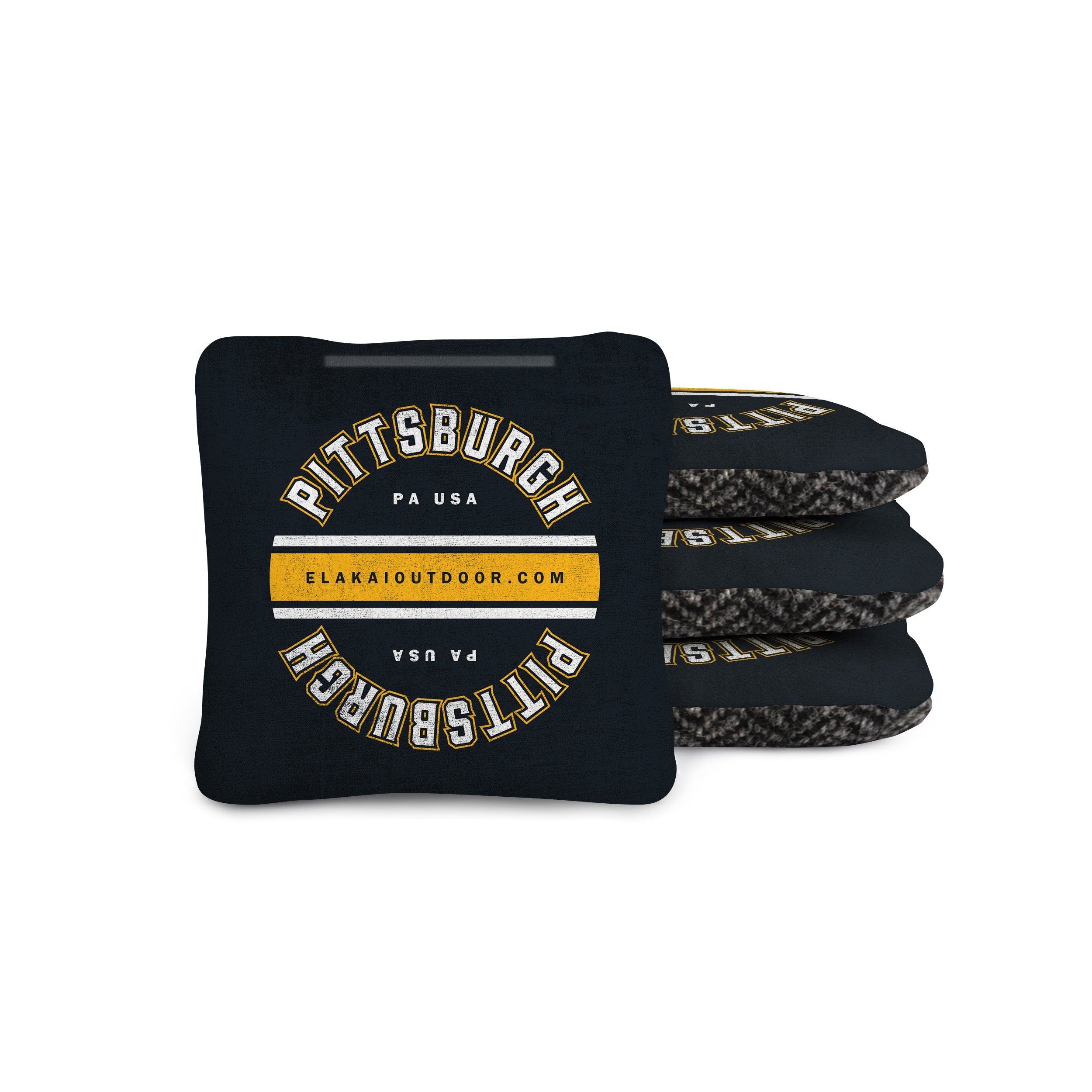 Black bean bags with 'Pittsburgh PA USA' text and ElakaiOutdoor.com website on a white background