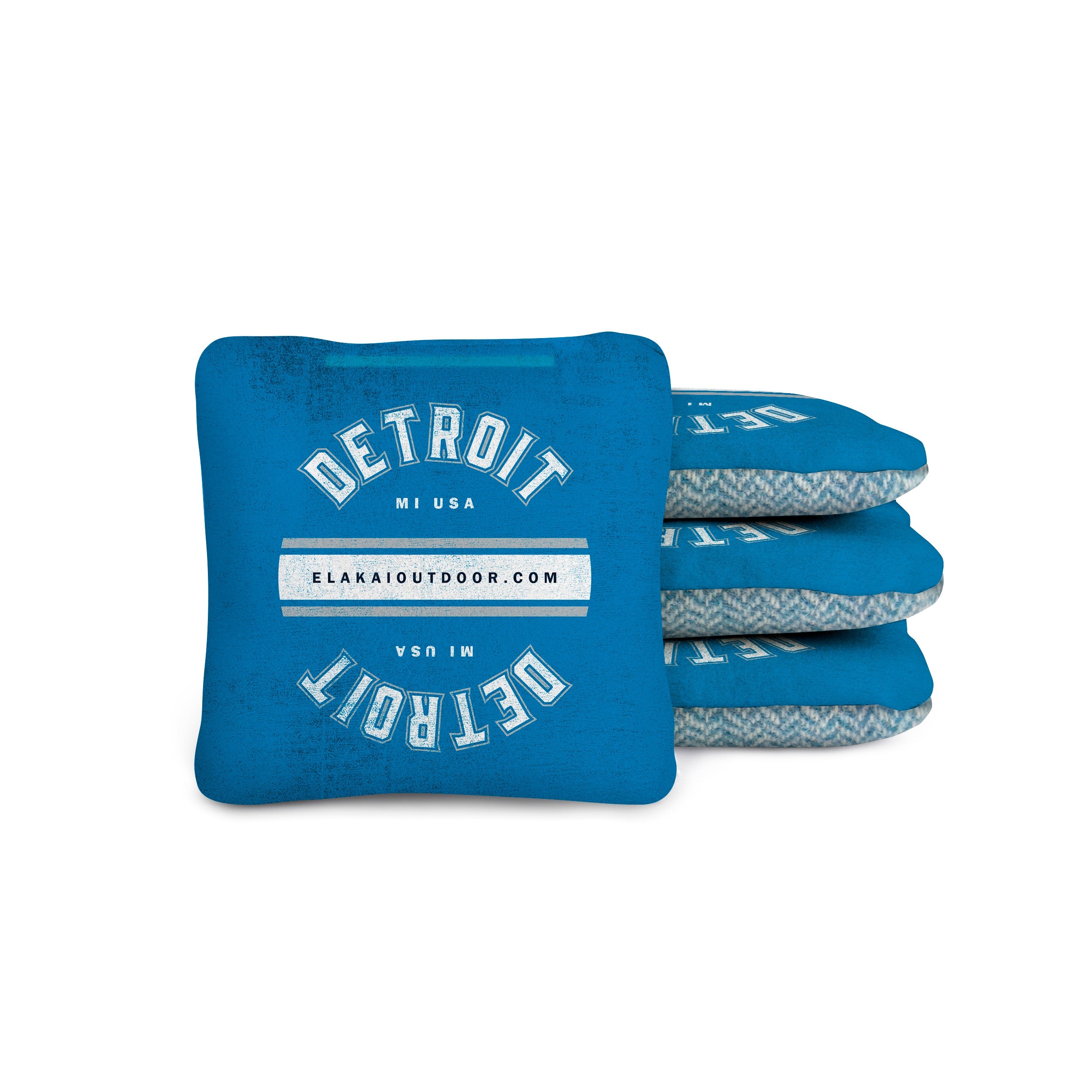 Blue bean bags with 'Detroit MI USA' text on a white background