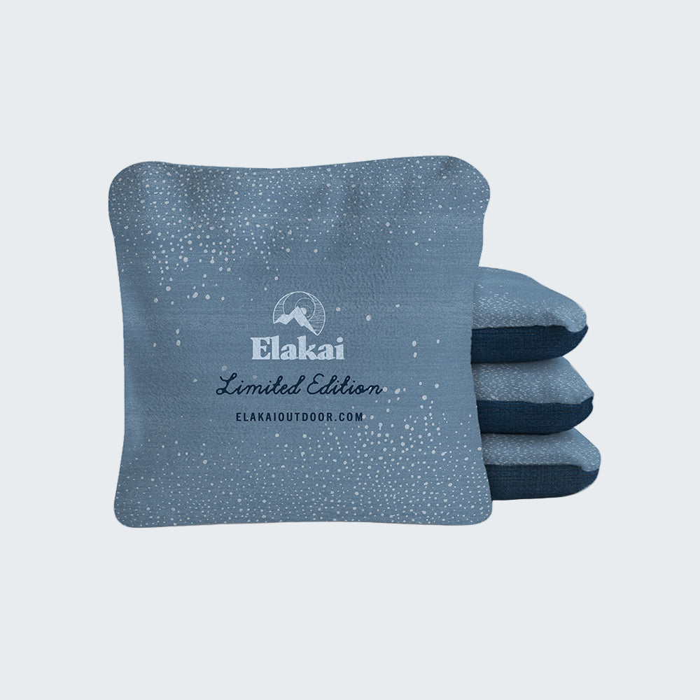 Blue bean bag with Elakai branding on a white background