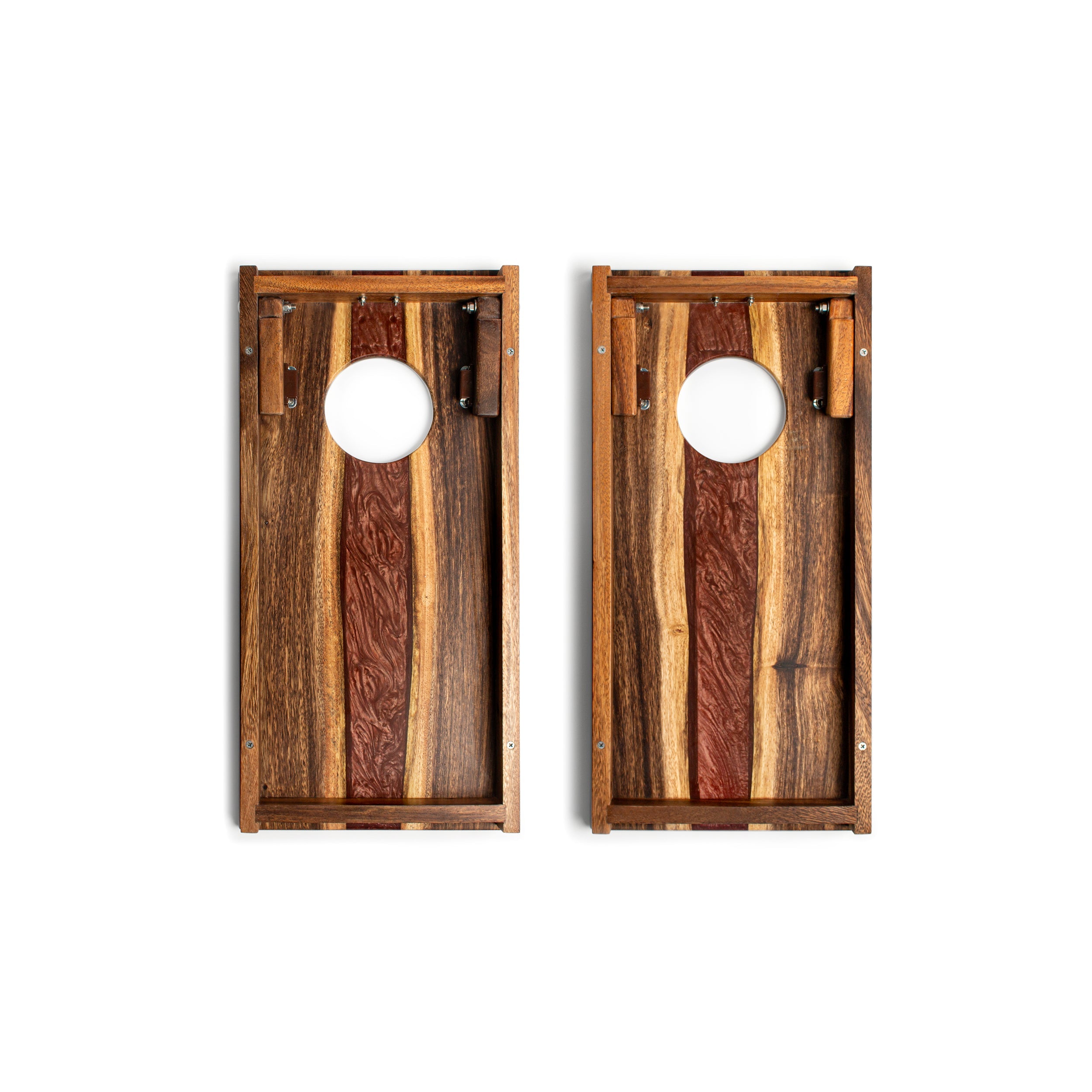 Two wooden cornhole boards with a natural wood finish on a white background