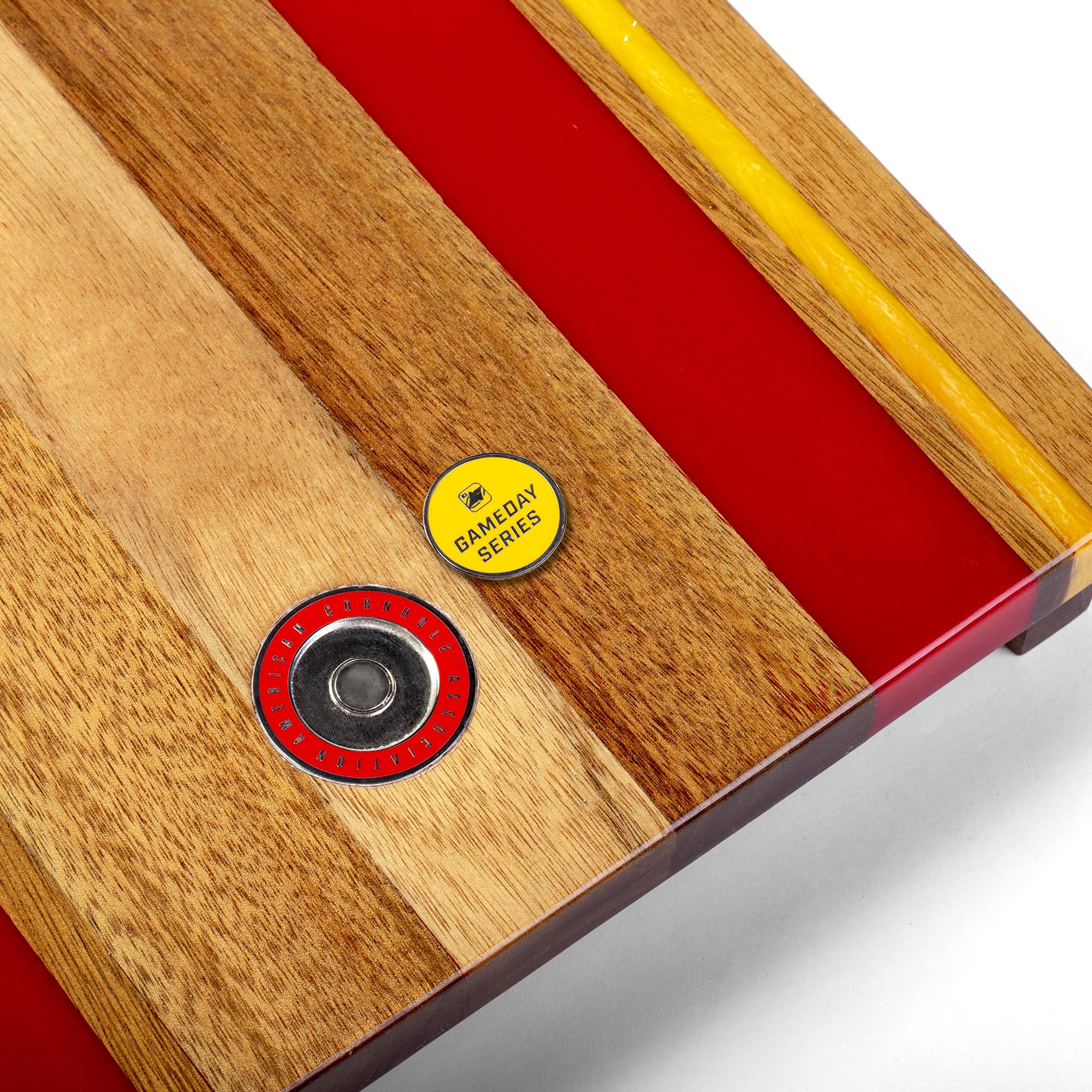 Wooden and red gaming board with a 'Gameday Series' badge on a white background