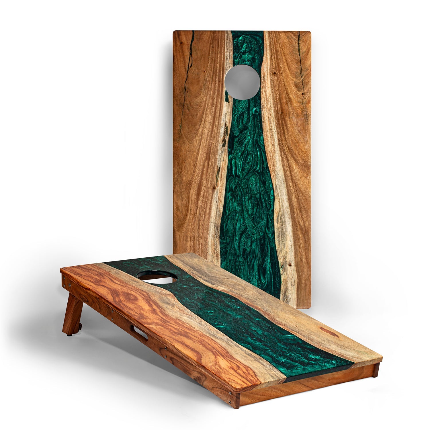 Wooden cornhole boards with green resin inlay on a white background